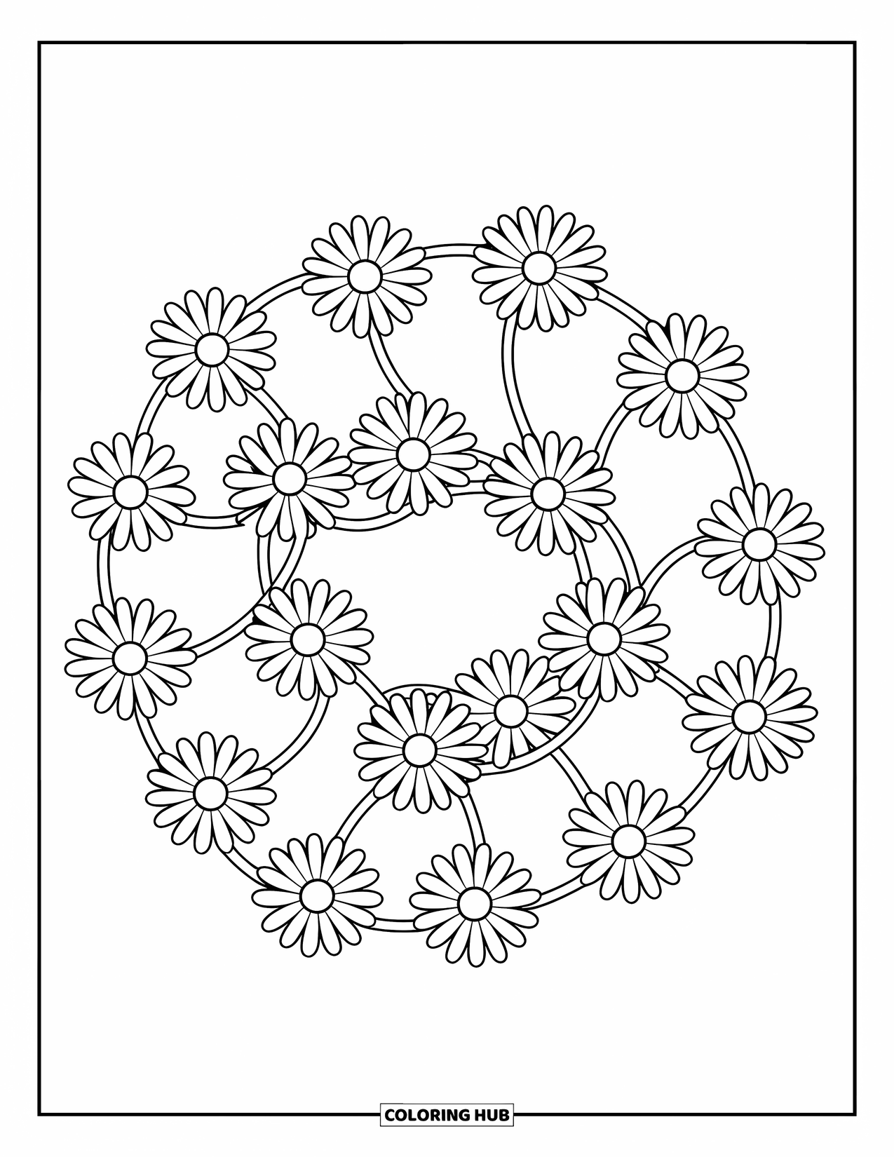 Spring Flowers Coloring Page for Kids: Daisies with round centers and bold lines loop into a loose flower circle