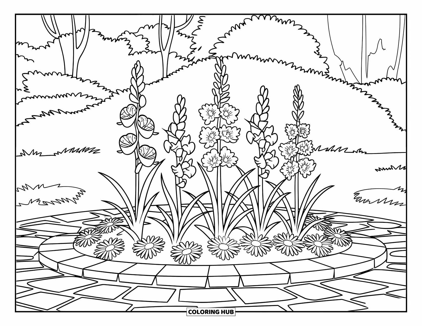 Spring Flowers Coloring Page for Kids: Gladiolus and daisies grow beside a stone path with trees in the background