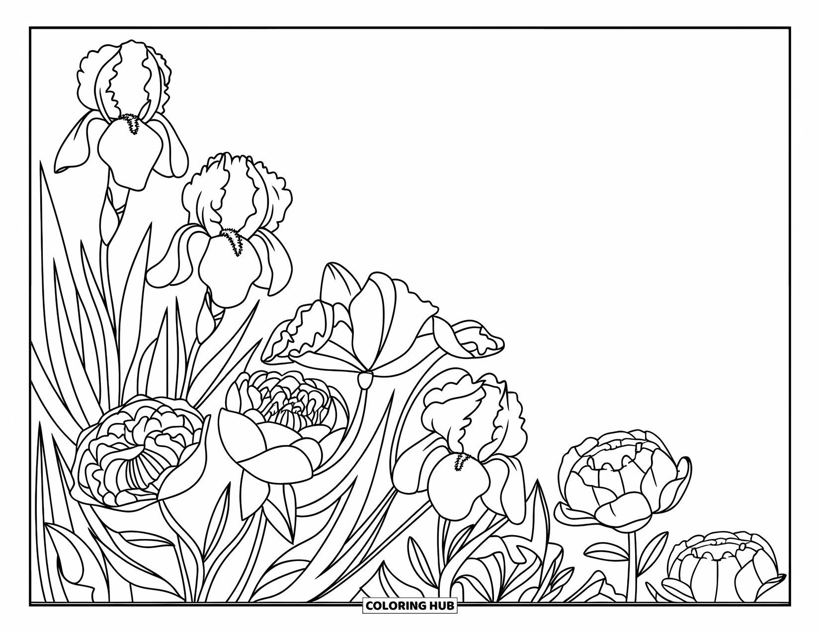 Spring Flowers Coloring Page for Kids: Layered iris, lily, and peony blooms sit in a vase in the corner