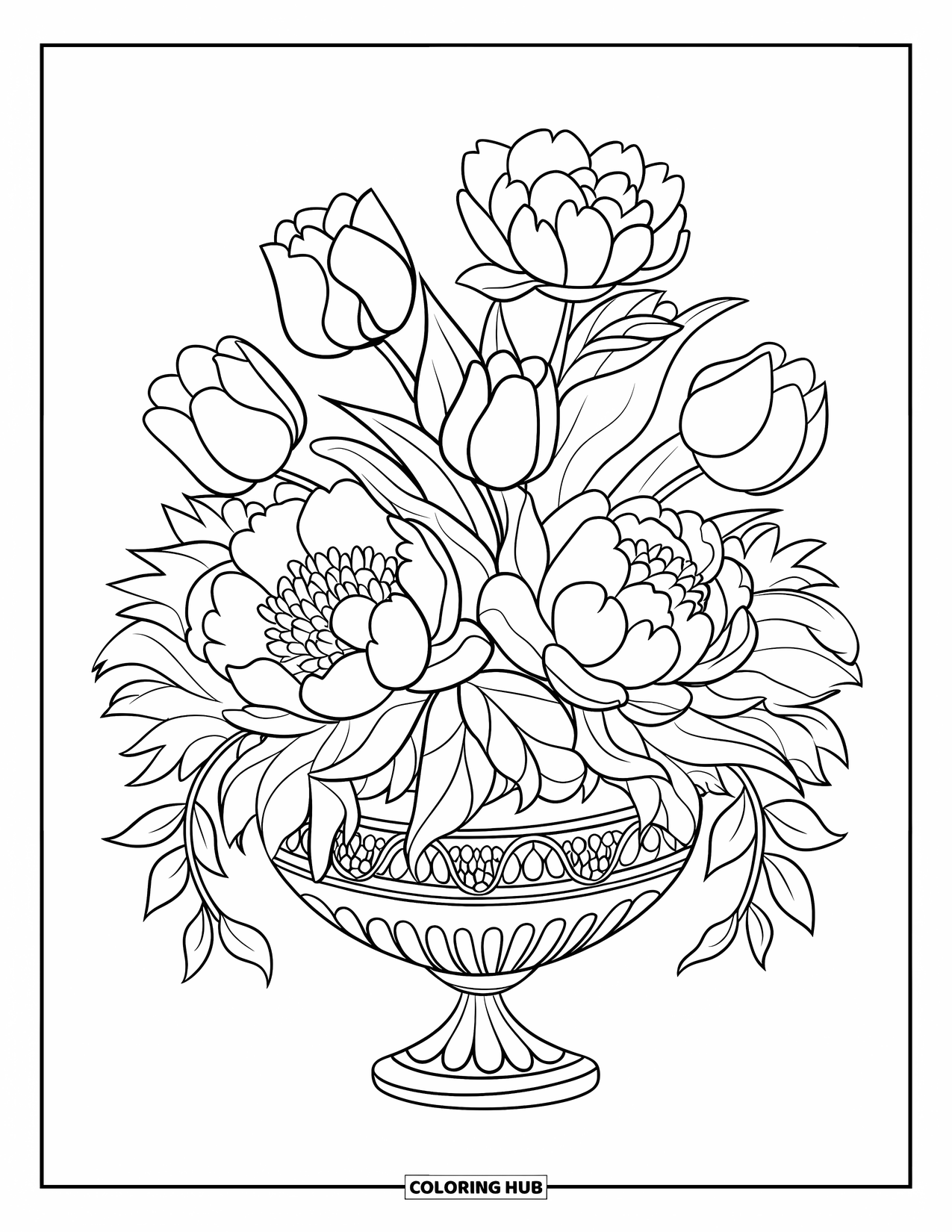 Spring Flowers Coloring Page for Kids: Peonies and tulips sit in a patterned vase with leaves at the base