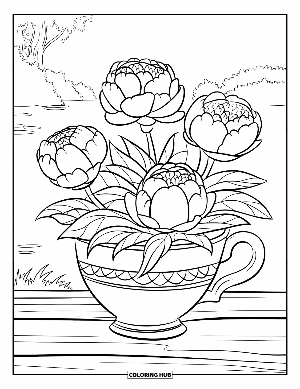 Spring Flowers Coloring Page for Kids: Peonies fill a teacup pot resting near a peaceful lake and trees