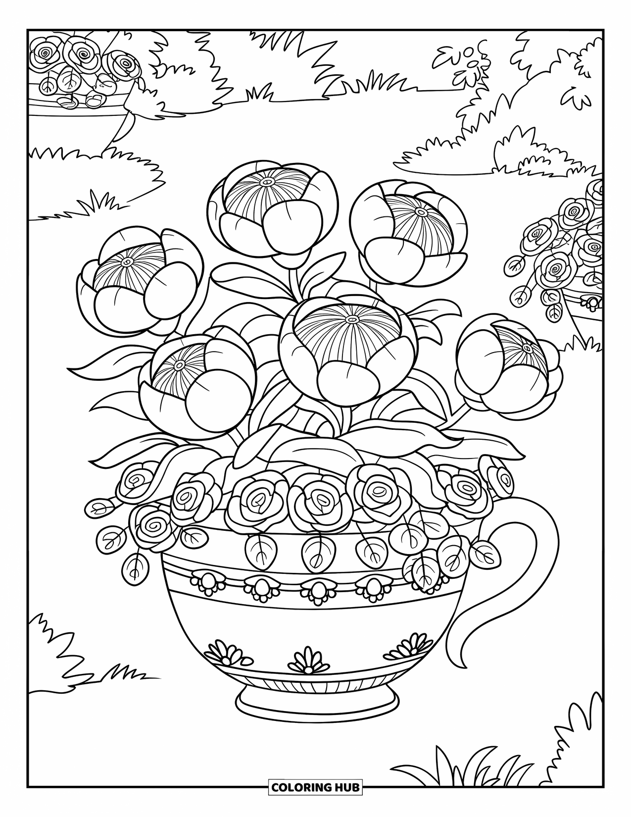 Spring Flowers Coloring Page for Kids: Peonies in a rose-adorned teacup sit in a garden filled with greenery