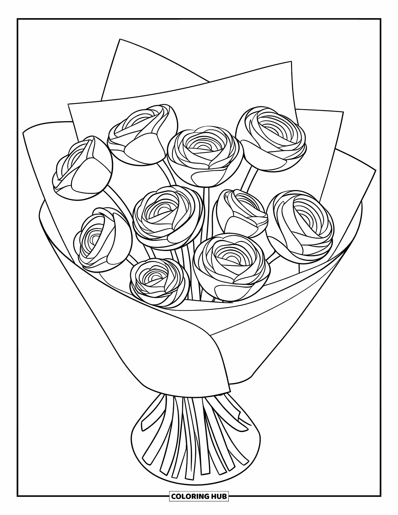 Spring Flowers Coloring Page for Kids: Ranunculus flowers are wrapped in paper and placed in a vase on white