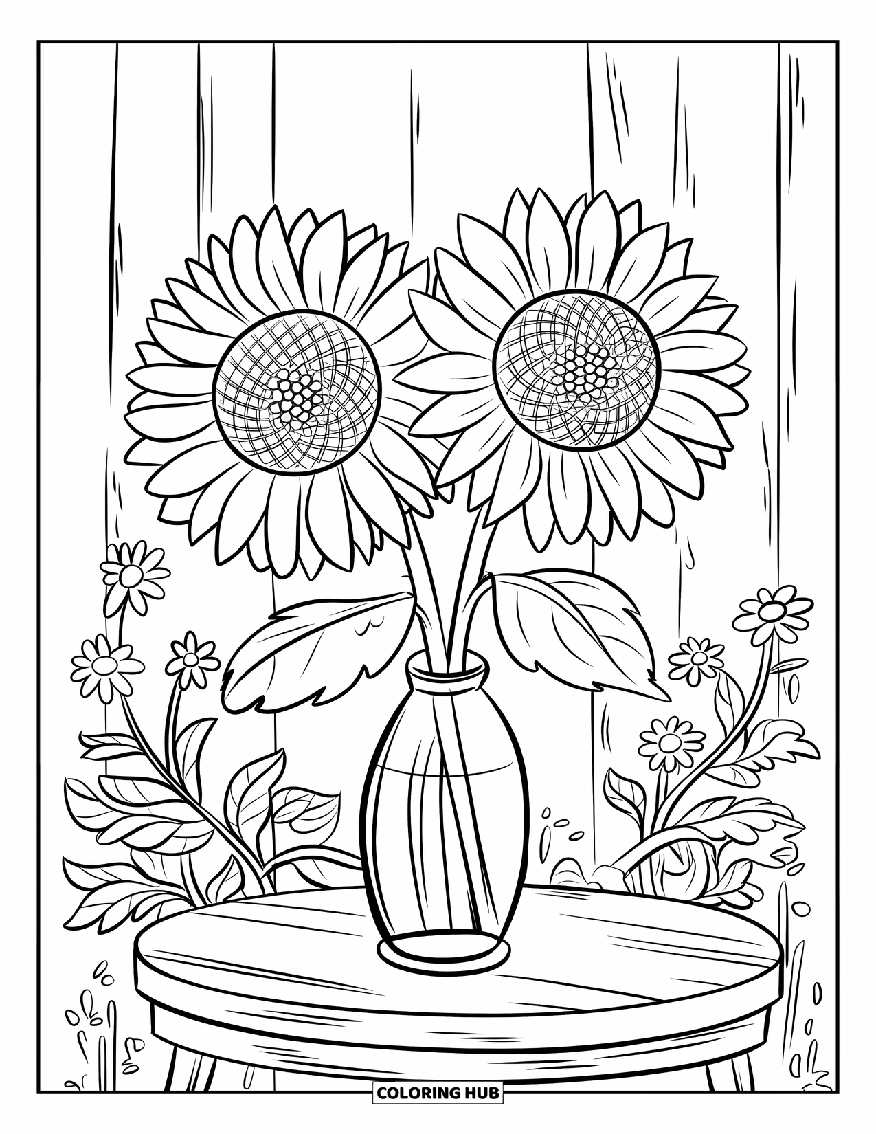 Spring Flowers Coloring Page for Kids: Sunflowers bloom in a vase on a table with leaves and smaller blooms