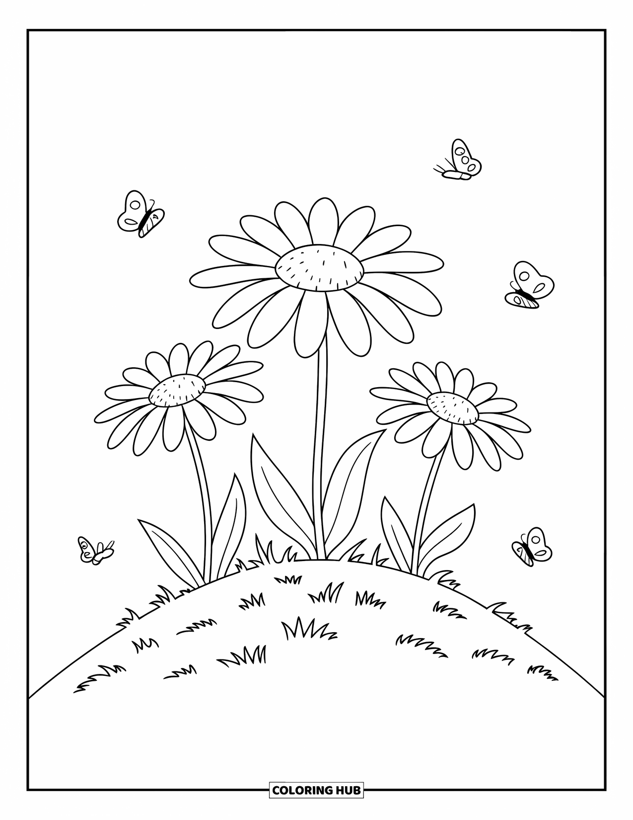 Spring Flowers Coloring Page for Kids: Three daisies with curved stems grow on a hill with flying butterflies