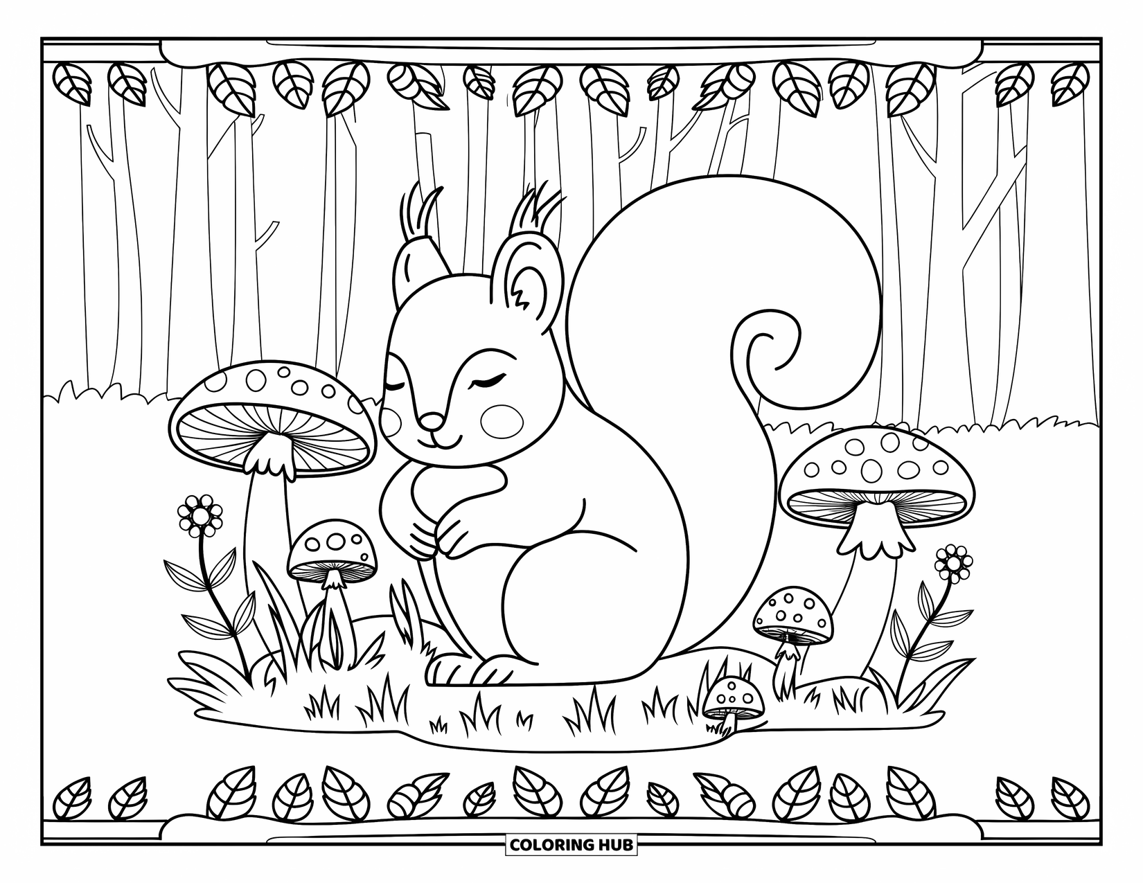 Squirrel Coloring Page for Adults: A calm squirrel with closed eyes rests on mushrooms and flowers in a bordered forest scene