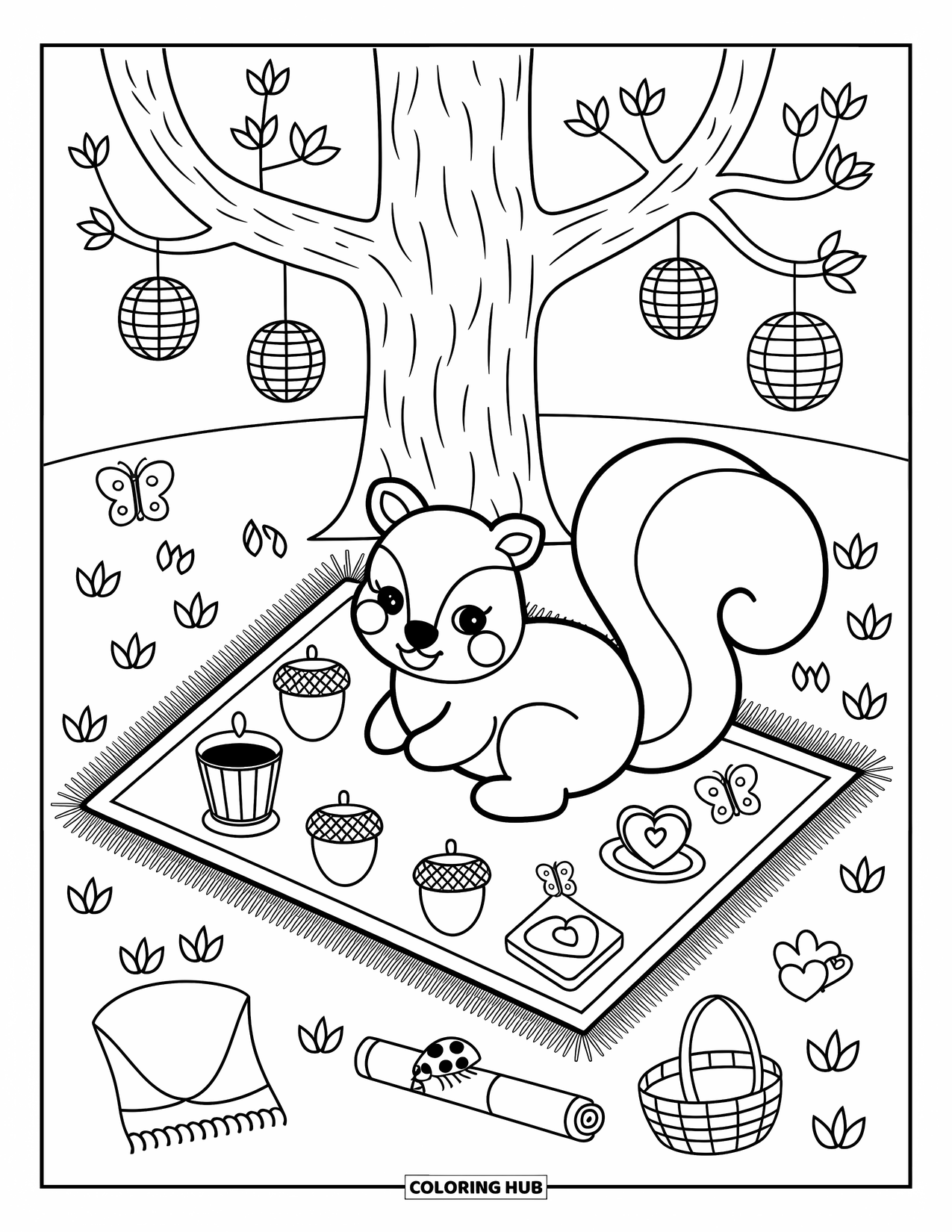 Squirrel Coloring Page for Adults: A cozy squirrel picnics beneath a tree with sandwiches, teacups, and a nearby ladybug