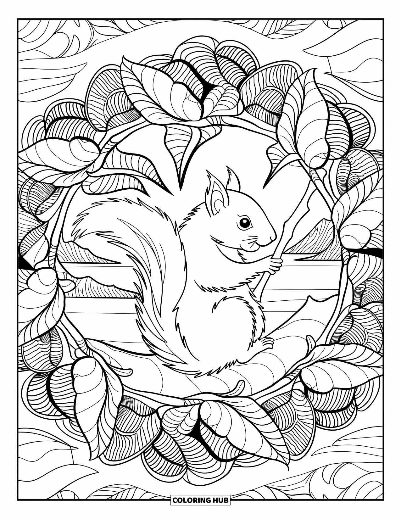 Squirrel Coloring Page for Adults: A curled squirrel sits in an oak leaf mandala with trees, water, and mountains beyond