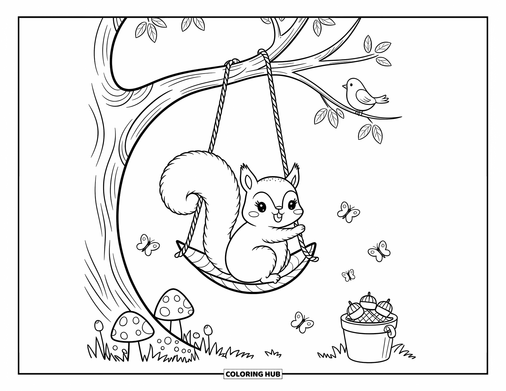 Squirrel Coloring Page for Adults: A happy squirrel swings on a leaf swing beside a bird, mushrooms, and fluttering butterflies