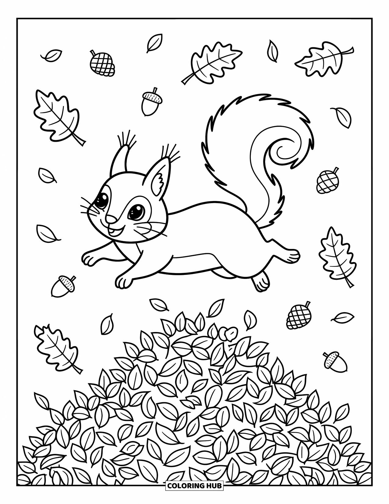 Squirrel Coloring Page for Adults: A joyful squirrel leaps above a crunchy leaf pile with floating leaves all around