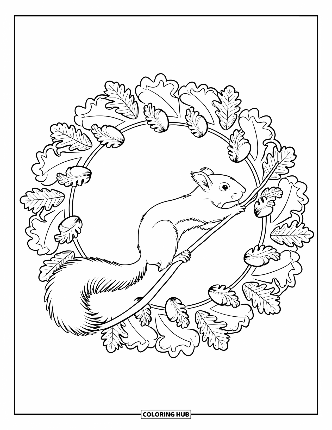 Squirrel Coloring Page for Adults: A long-tailed squirrel reaches for a branch inside a mandala of oak leaves and acorns