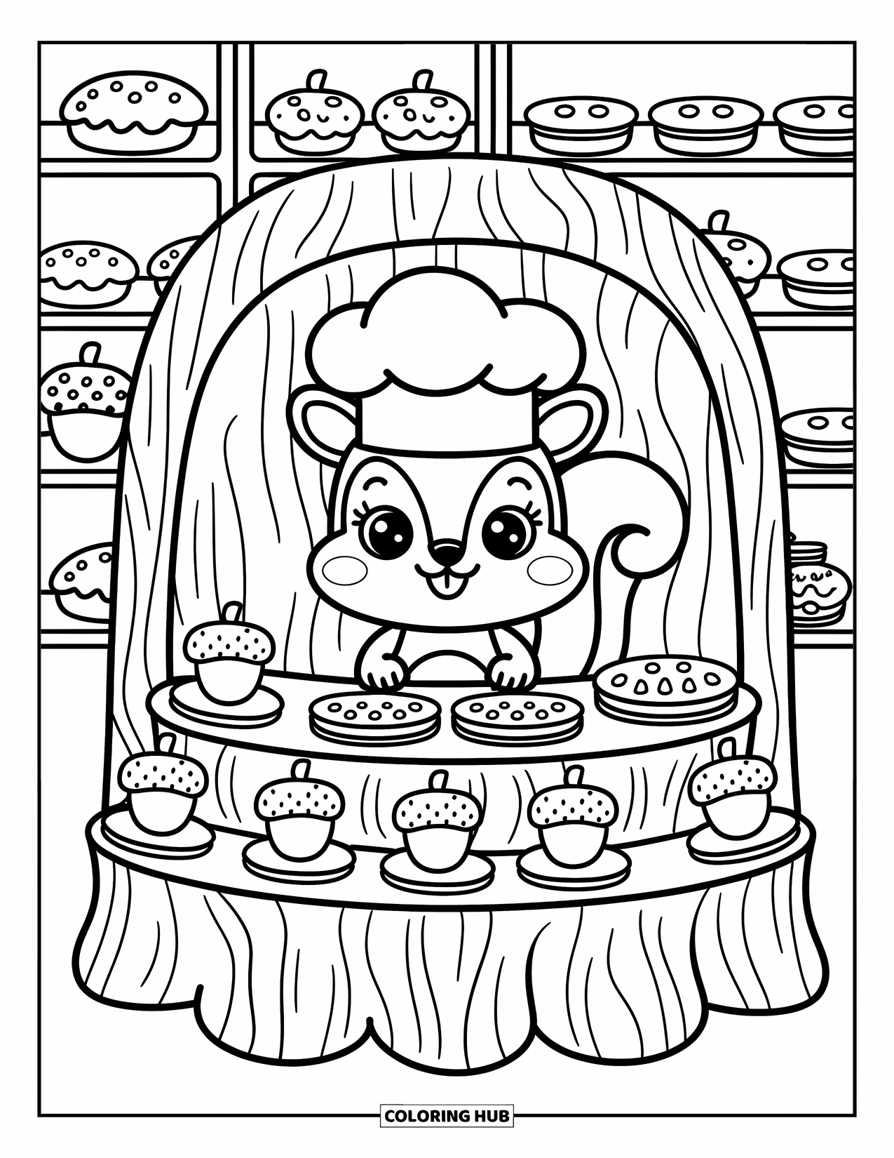 Squirrel Coloring Page for Adults: A proud squirrel in a chefís hat runs a bakery stall filled with nutty treats