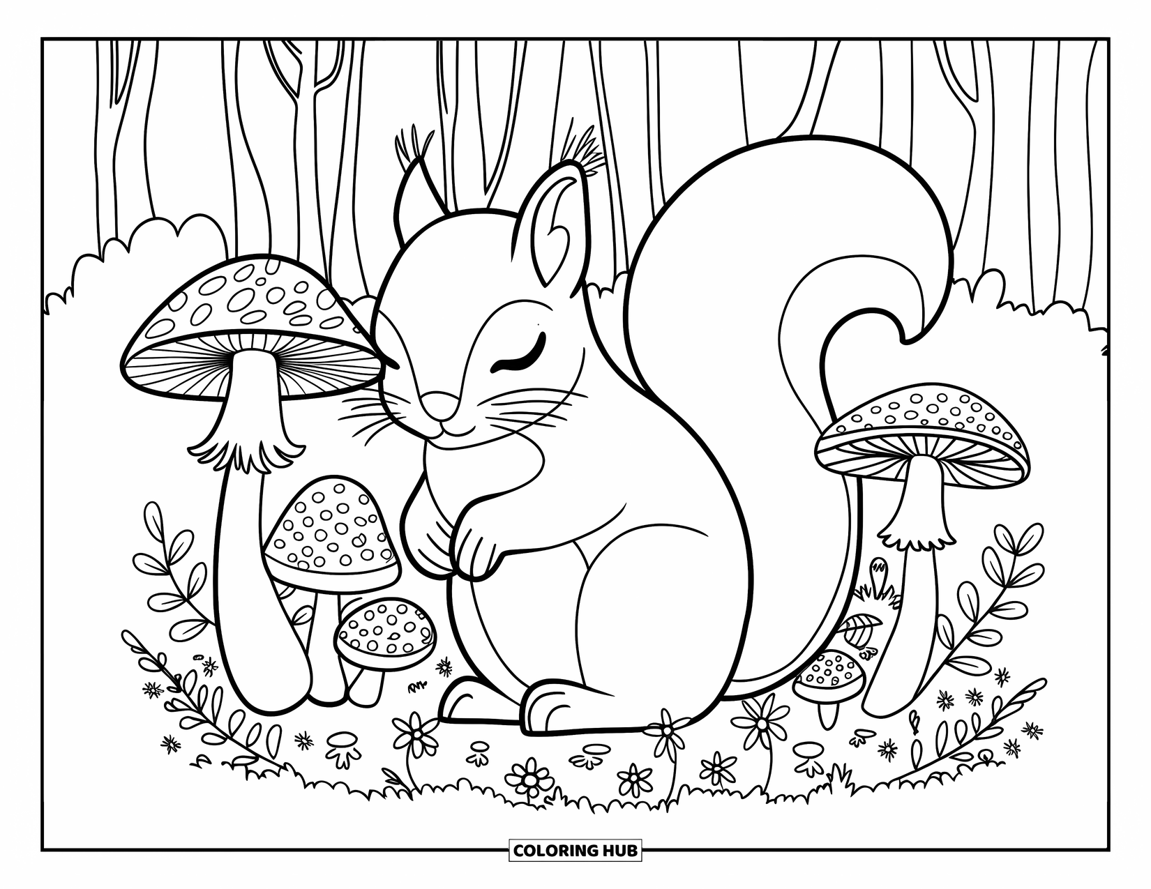 Squirrel Coloring Page for Adults: A sleepy squirrel sits upright on patterned mushrooms surrounded by bell-shaped flowers