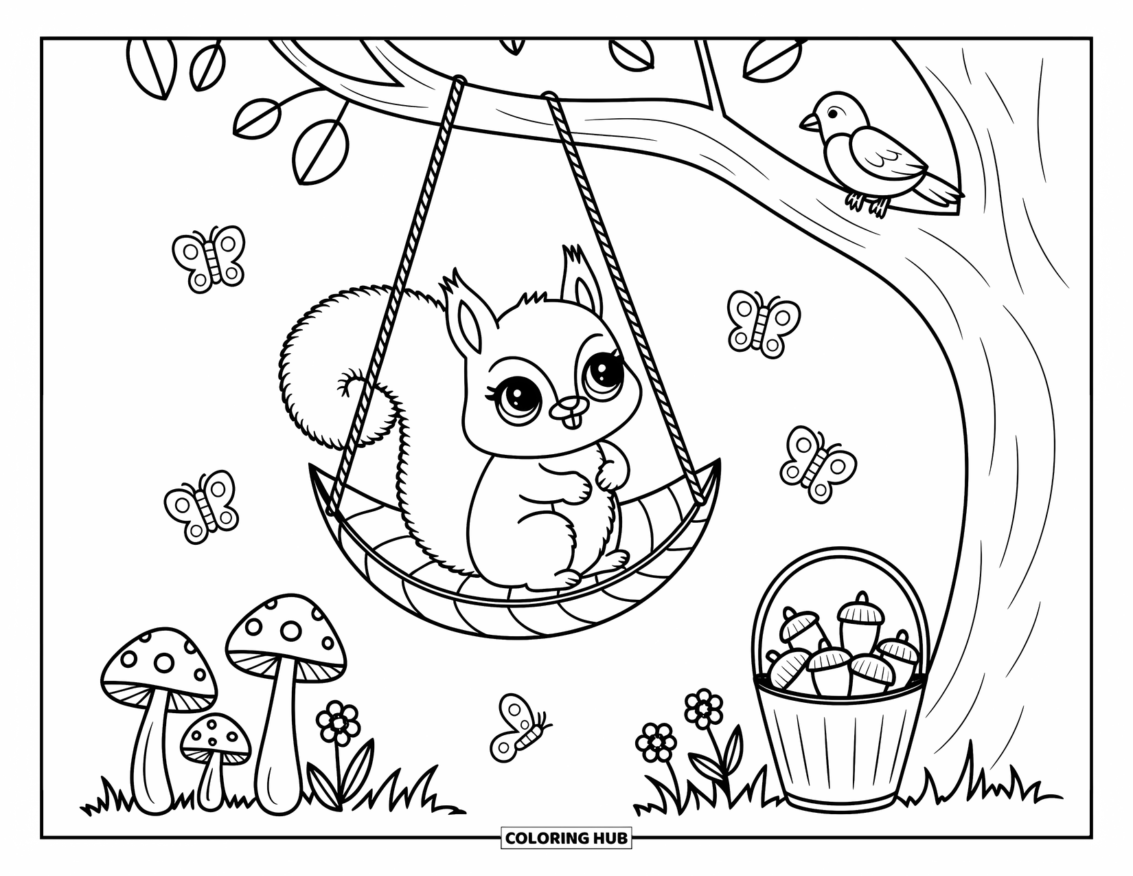 Squirrel Coloring Page for Adults: A smiling squirrel swings on a leaf swing while a bird watches from a nearby branch