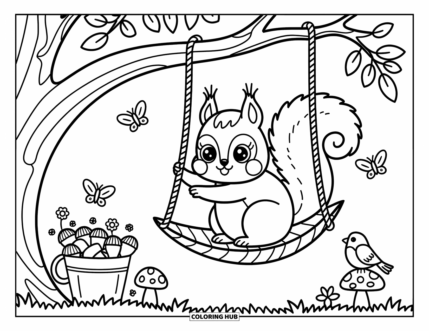 Squirrel Coloring Page for Adults: A squirrel beams at a bird while swinging over butterflies, mushrooms, and tiny forest treasures