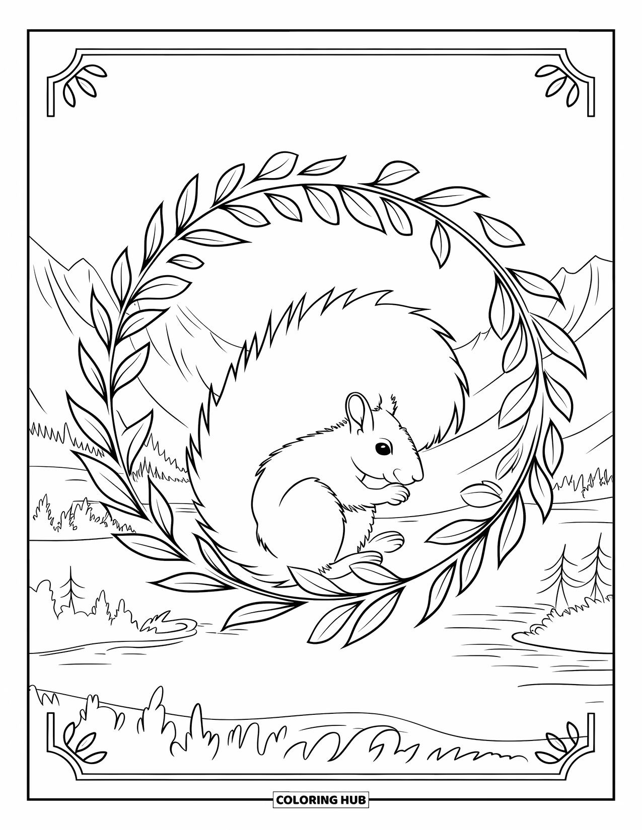 Squirrel Coloring Page for Adults: A squirrel curls up in a leafy wreath set against a peaceful scene with trees and water
