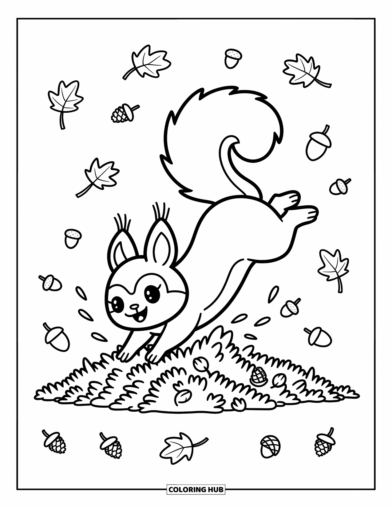 Squirrel Coloring Page for Adults: A squirrel dives into crunchy leaves surrounded by floating foliage, acorns, and pinecones