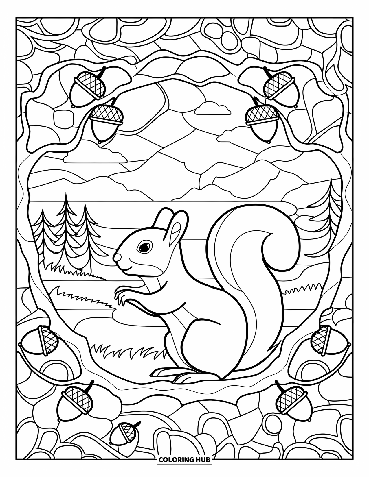 Squirrel Coloring Page for Adults: A squirrel gazes up from a branch in a stained-glass forest of acorns and mountains