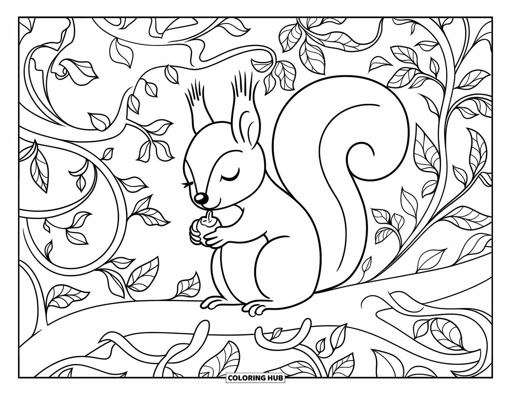 Squirrel Coloring Page for Adults: A squirrel holding a nut sits on a branch among swirling vines and floral patterns