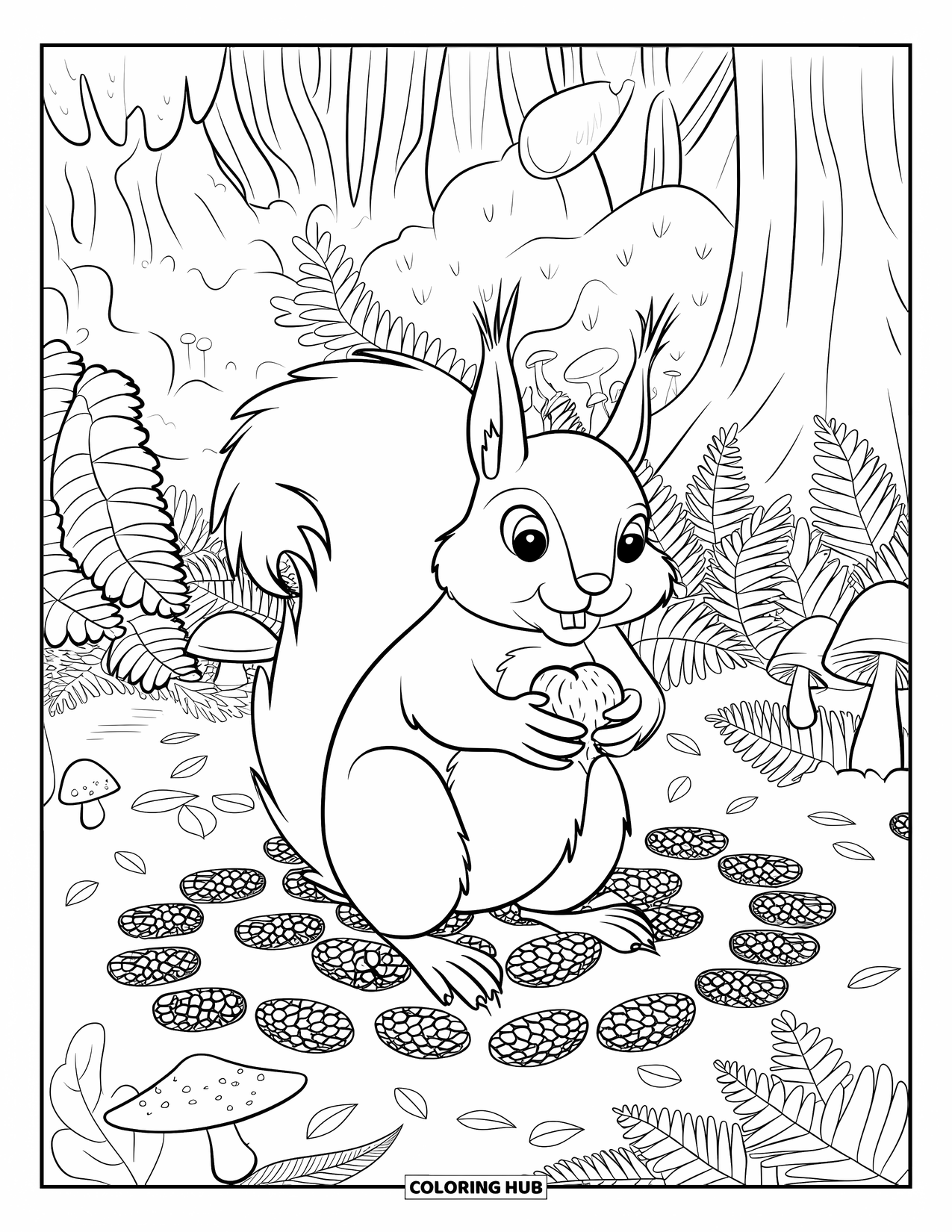 Squirrel Coloring Page for Adults: A squirrel holds a nut on a forest floor filled with mushrooms, leaves, and tall trees