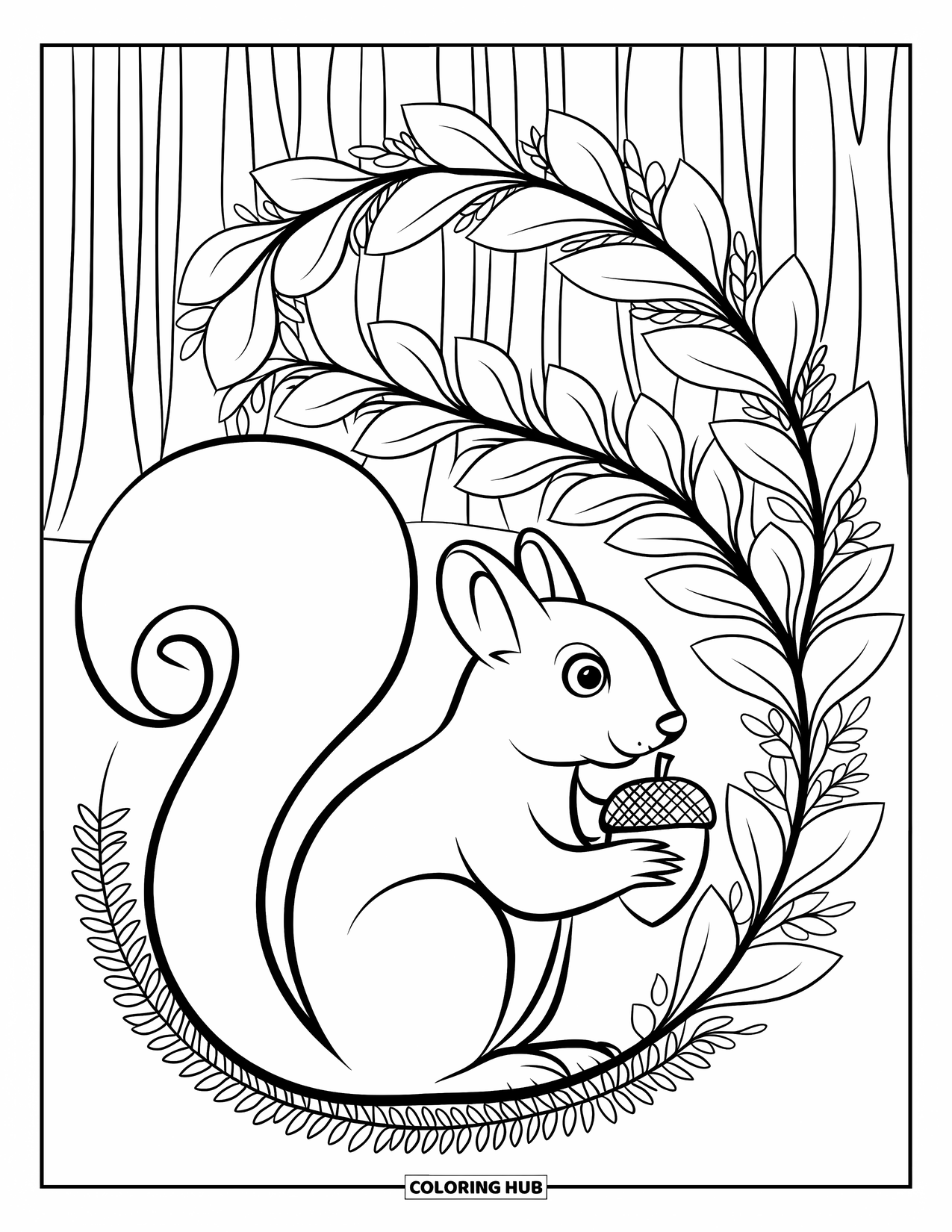 Squirrel Coloring Page for Adults: A squirrel holds an acorn while surrounded by petals and leaves in a tranquil forest