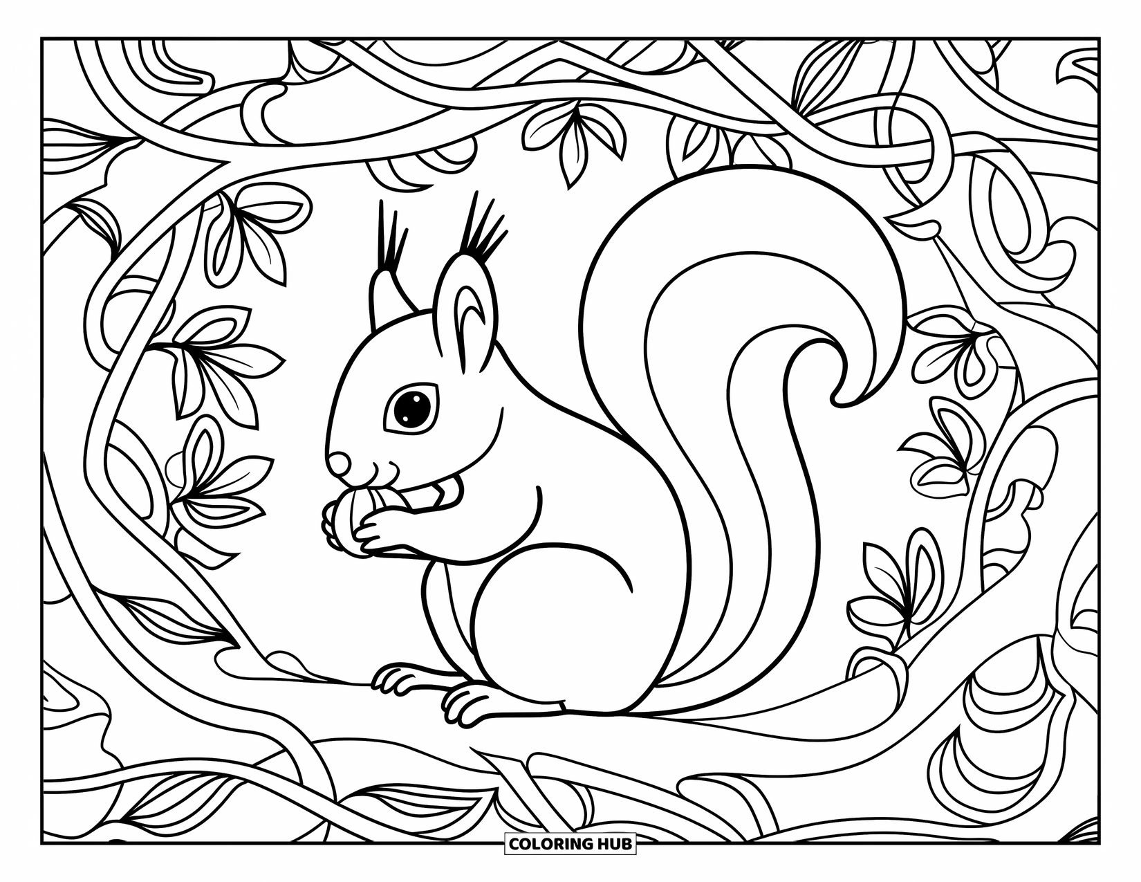 Squirrel Coloring Page for Adults: A squirrel hugs a nut while sitting on a branch surrounded by elegant vines and flowers
