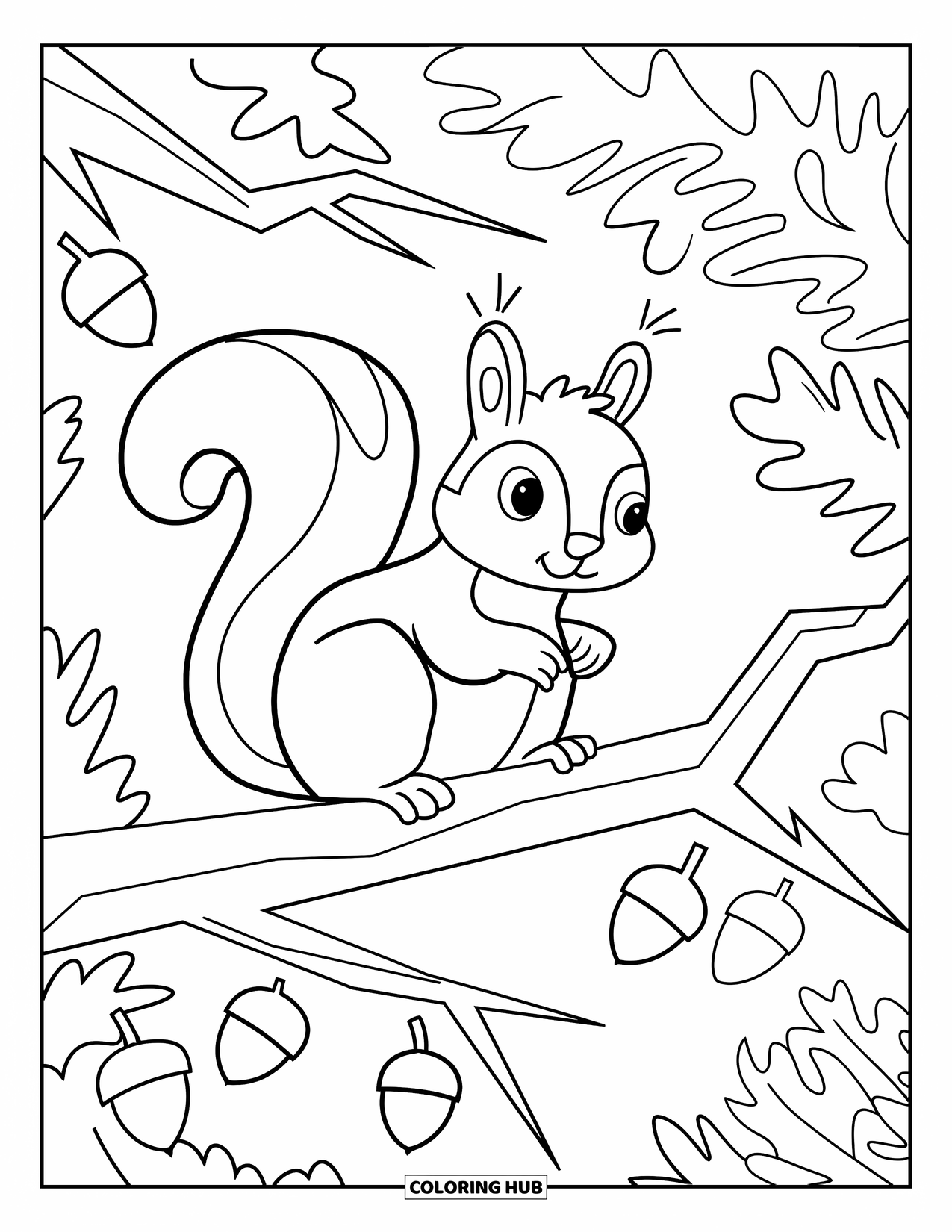 Squirrel Coloring Page for Adults: A squirrel perches on a branch surrounded by scattered acorns and forest branches