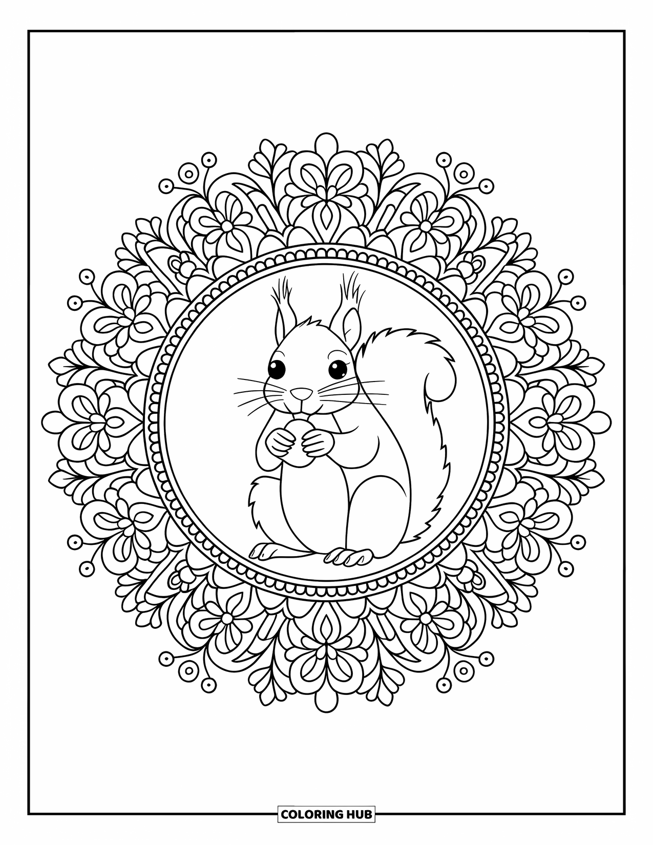 Squirrel Coloring Page for Adults: A squirrel sits in the center of a floral mandala filled with flowers, leaves, and vines