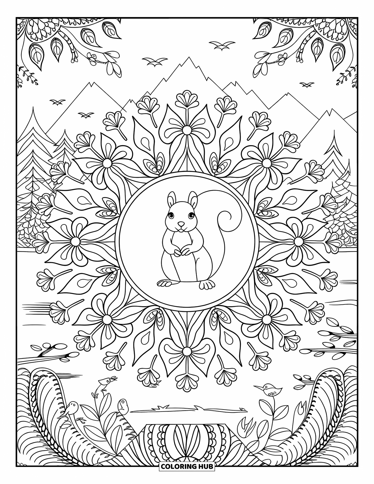 Squirrel Coloring Page for Adults: A squirrel sits inside a floral mandala with birds, trees, and mountains around it