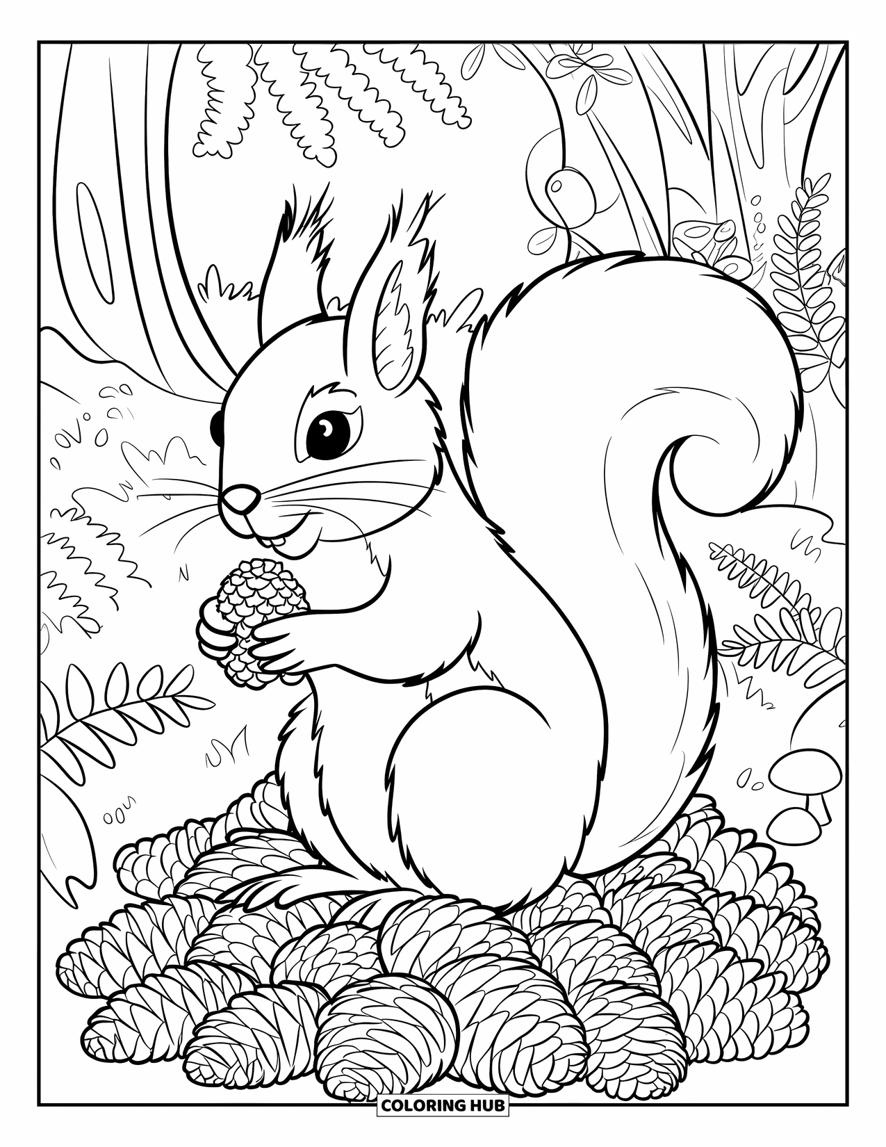 Squirrel Coloring Page for Adults: A squirrel stands on pinecones holding one, surrounded by trees, mushrooms, and ferns