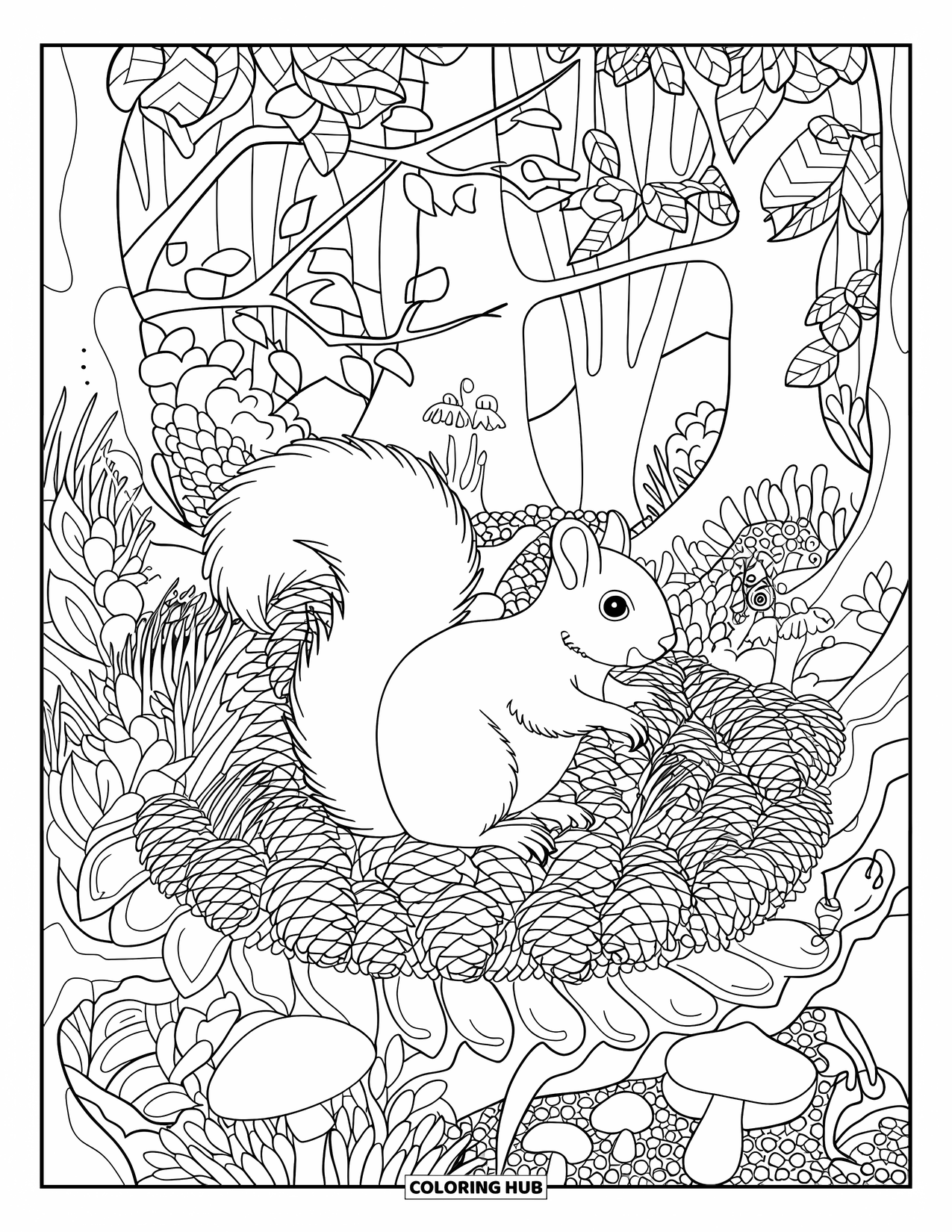 Squirrel Coloring Page for Adults: A squirrel stands on pinecones in a forest filled with detailed plants and tiny animals