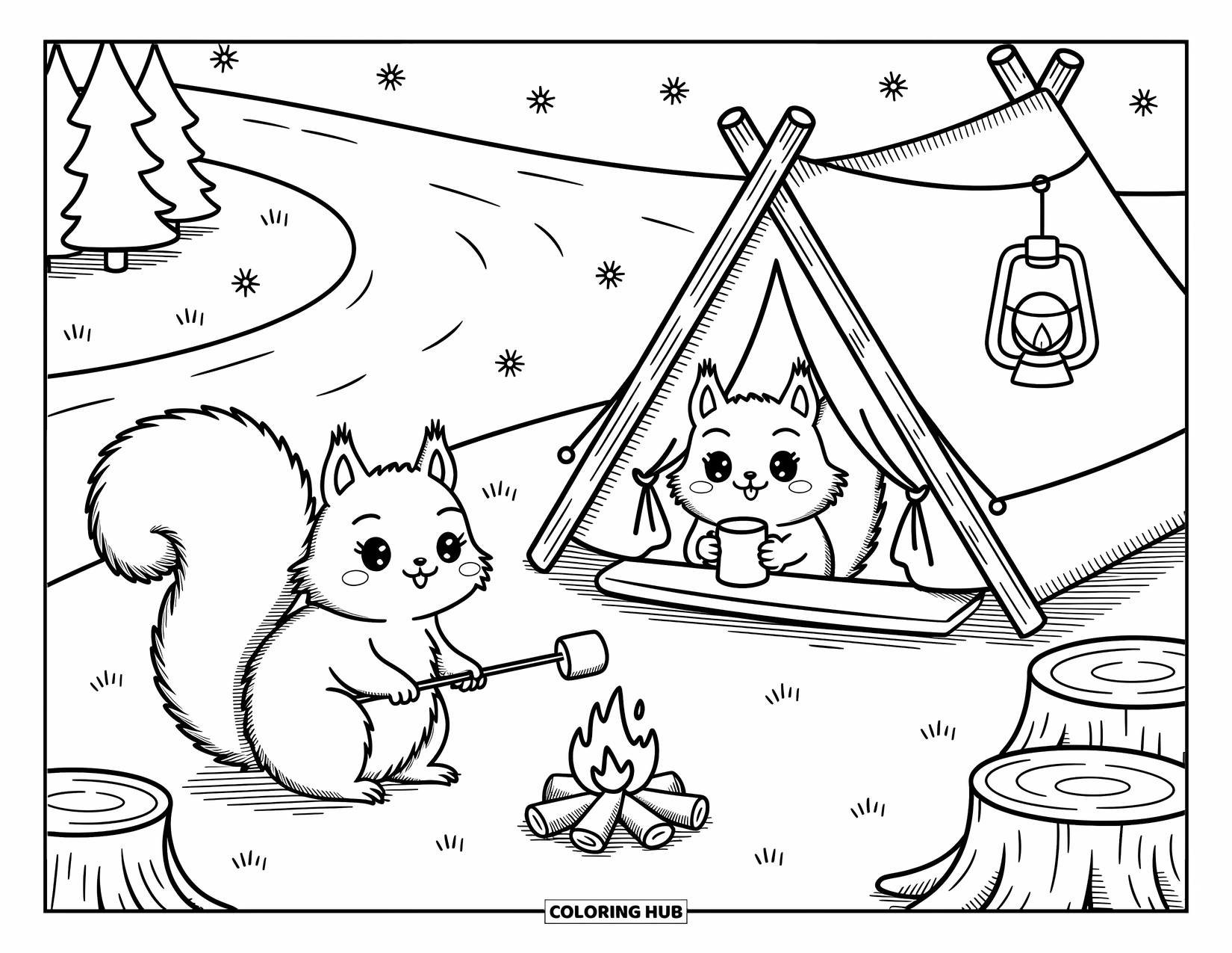 Squirrel Coloring Page for Adults: A squirrel toasts a marshmallow by the river as another peeks from a pinecone tent