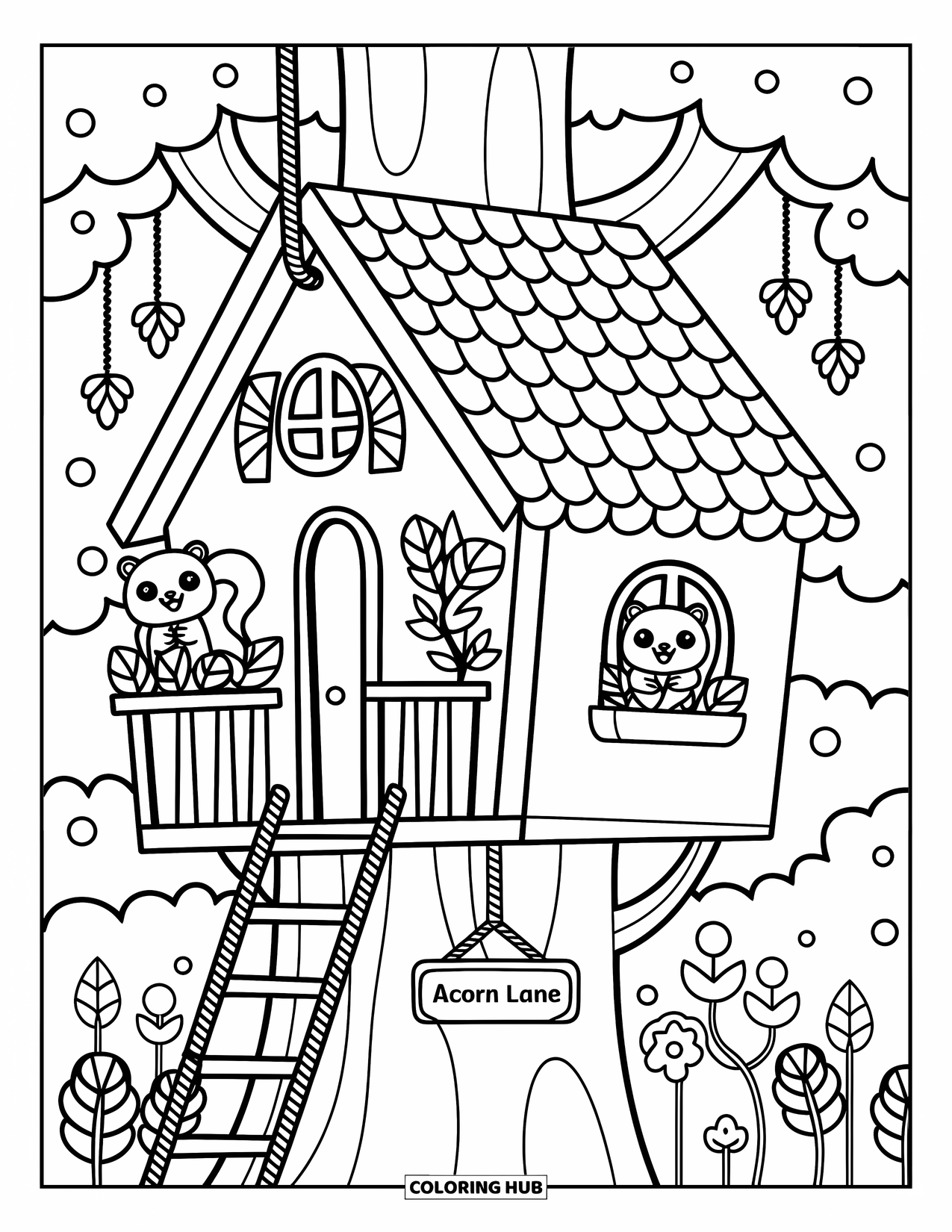 Squirrel Coloring Page for Adults: Squirrels peek from a cozy treehouse with a balcony, rope ladder, and tiny decorations