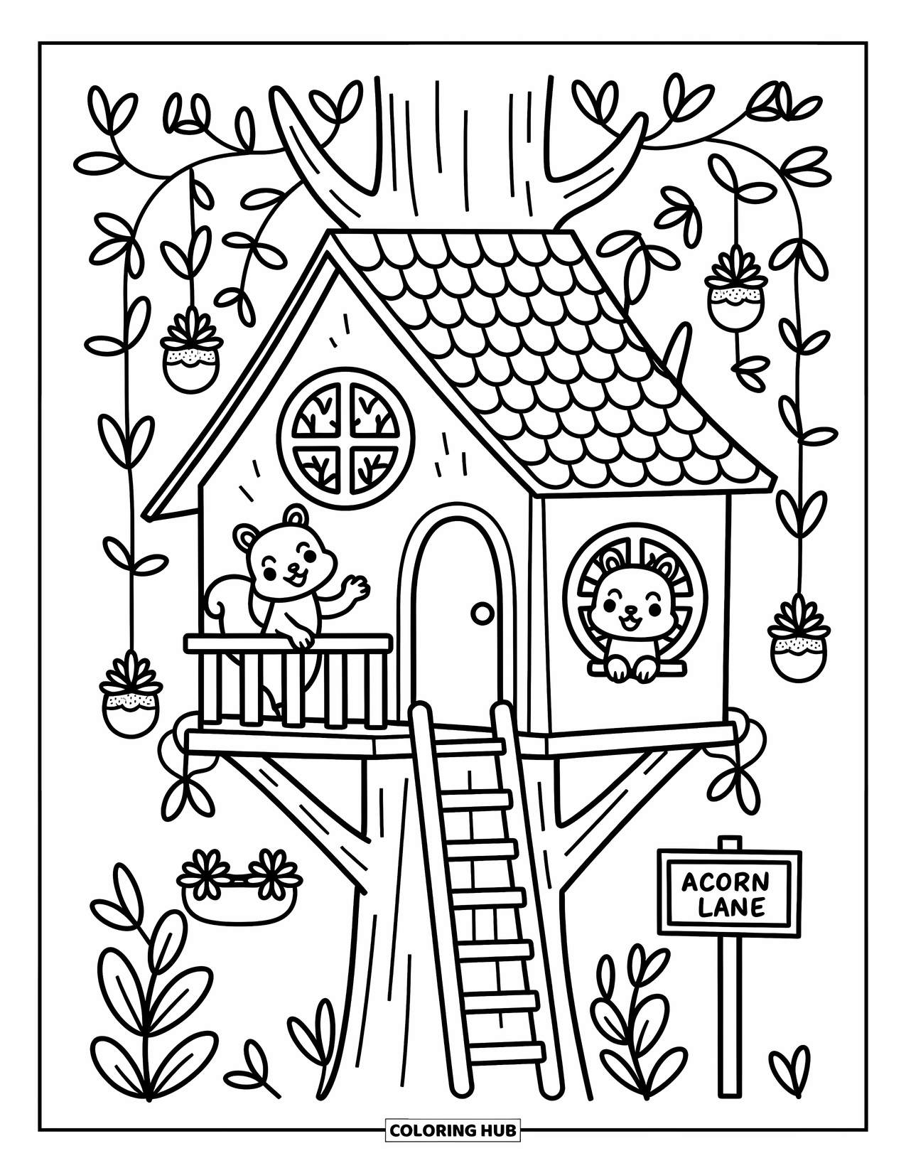 Squirrel Coloring Page for Adults: Two squirrels wave from a treehouse with a balcony, leafy windows, and potted flowers