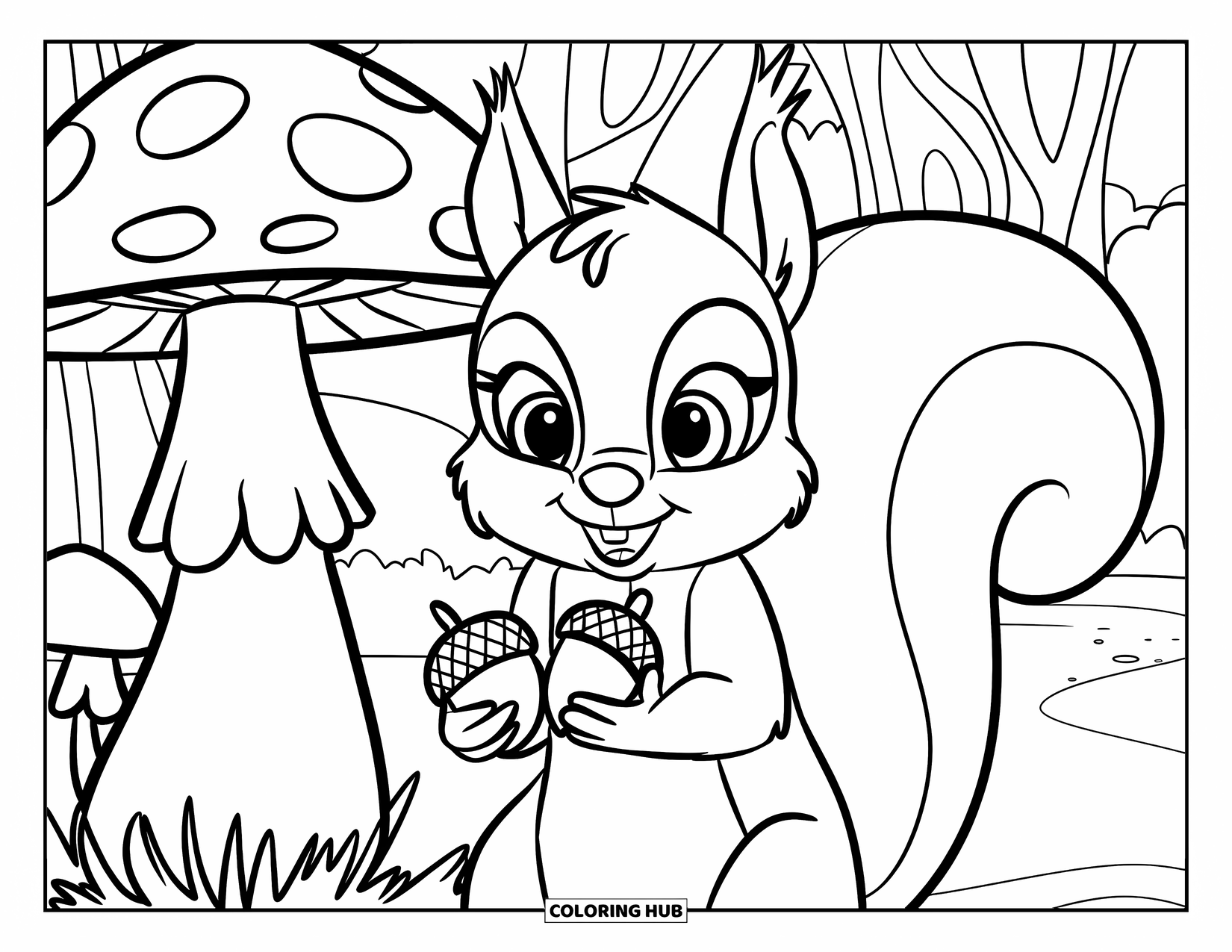 Squirrel Coloring Page for Kids: A bright-eyed squirrel stands beside a huge mushroom holding two acorns