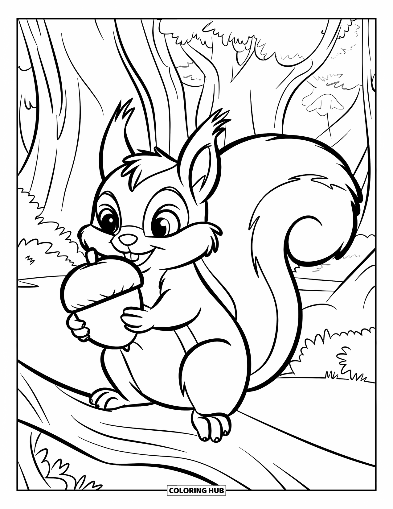 Squirrel Coloring Page for Kids: A cheerful squirrel hugs a big acorn while sitting on a branch among trees