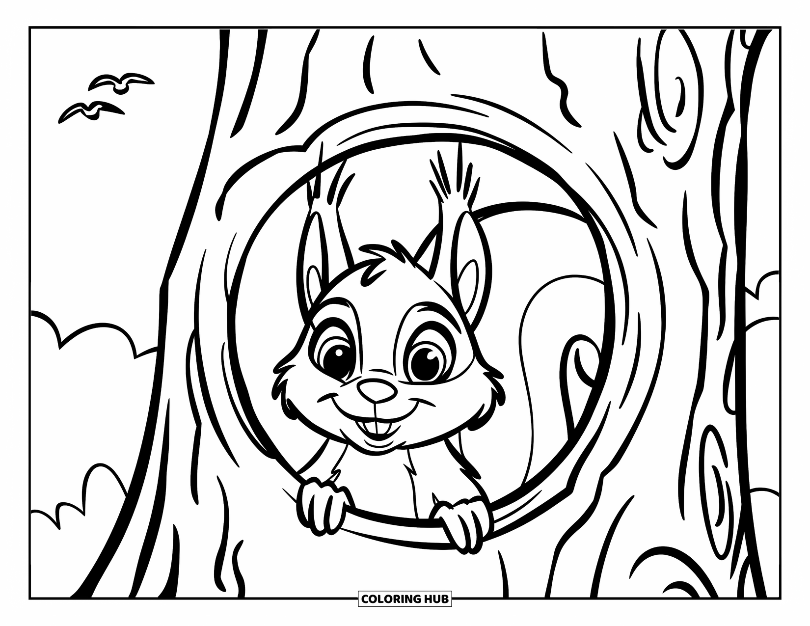 Squirrel Coloring Page for Kids: A cheerful squirrel peeks out from a tree hole under a sky with flying birds