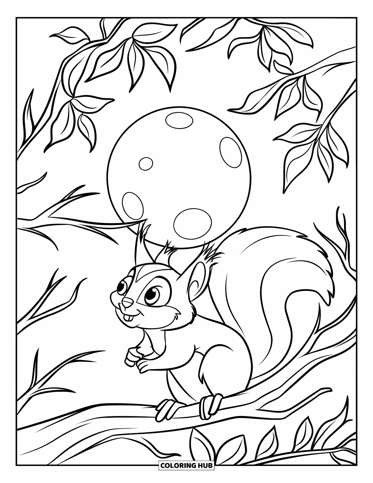 Squirrel Coloring Page for Kids: A curious squirrel gazes at the glowing moon from a leafy tree branch
