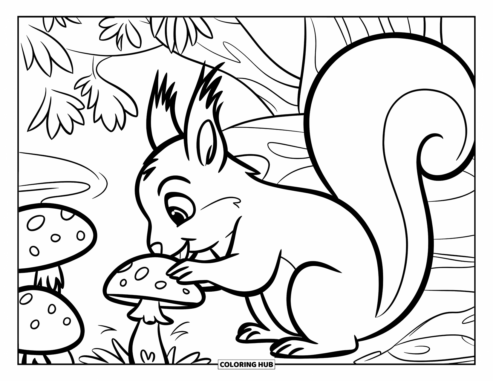 Squirrel Coloring Page for Kids: A curious squirrel in a hat sniffs a mushroom near a tall pine tree