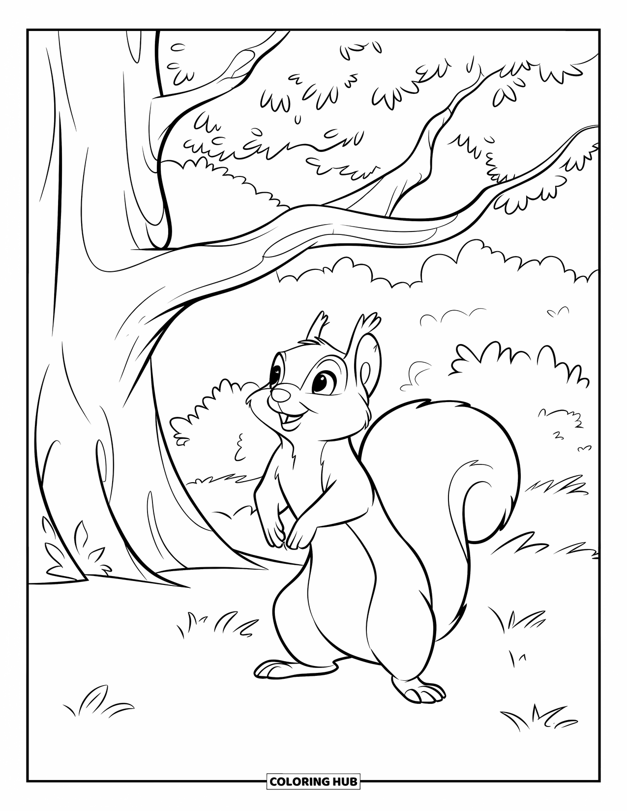 Squirrel Coloring Page for Kids: A curious squirrel looks up while standing under a leafy tree in a grassy field