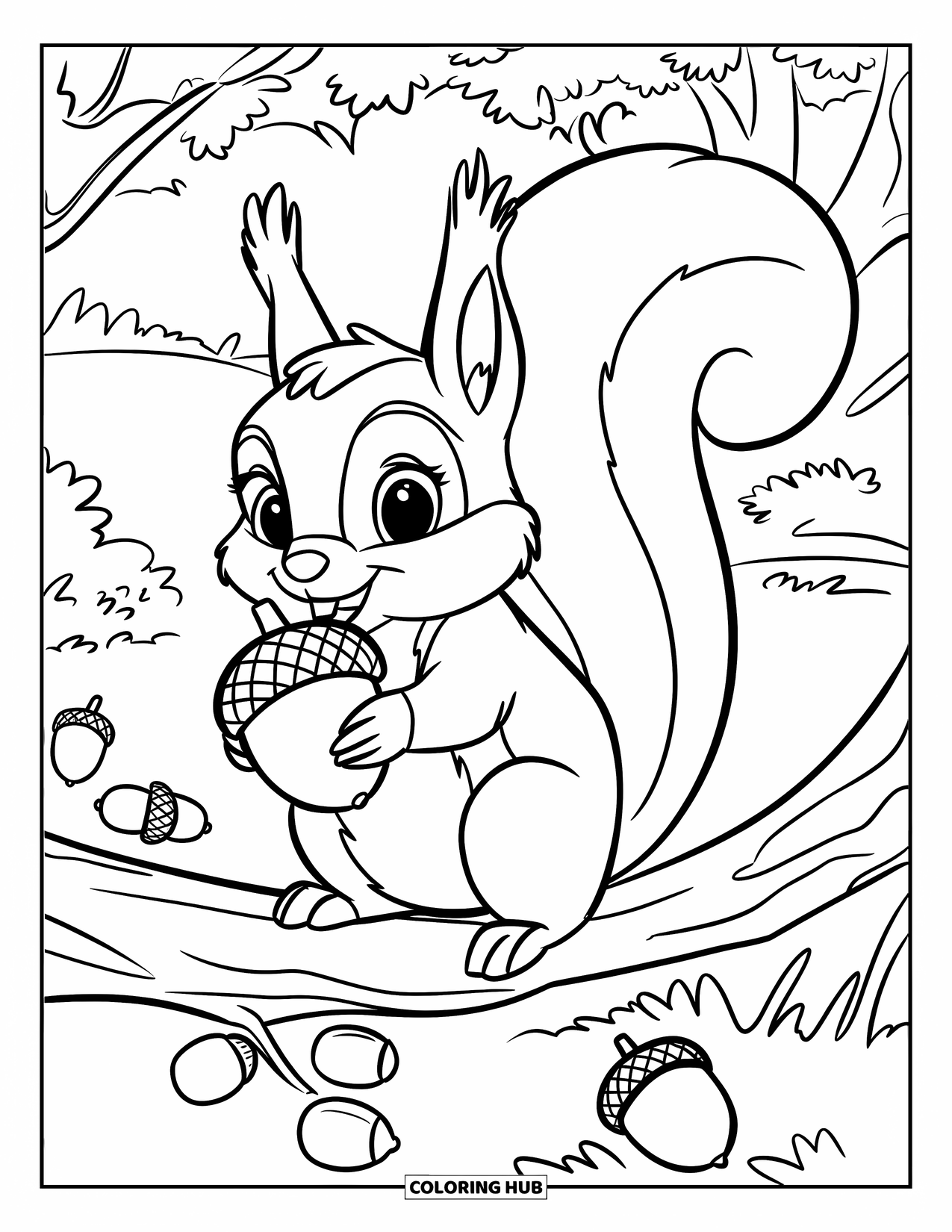 Squirrel Coloring Page for Kids: A cute squirrel with a fluffy tail holds a big acorn on a tree branch