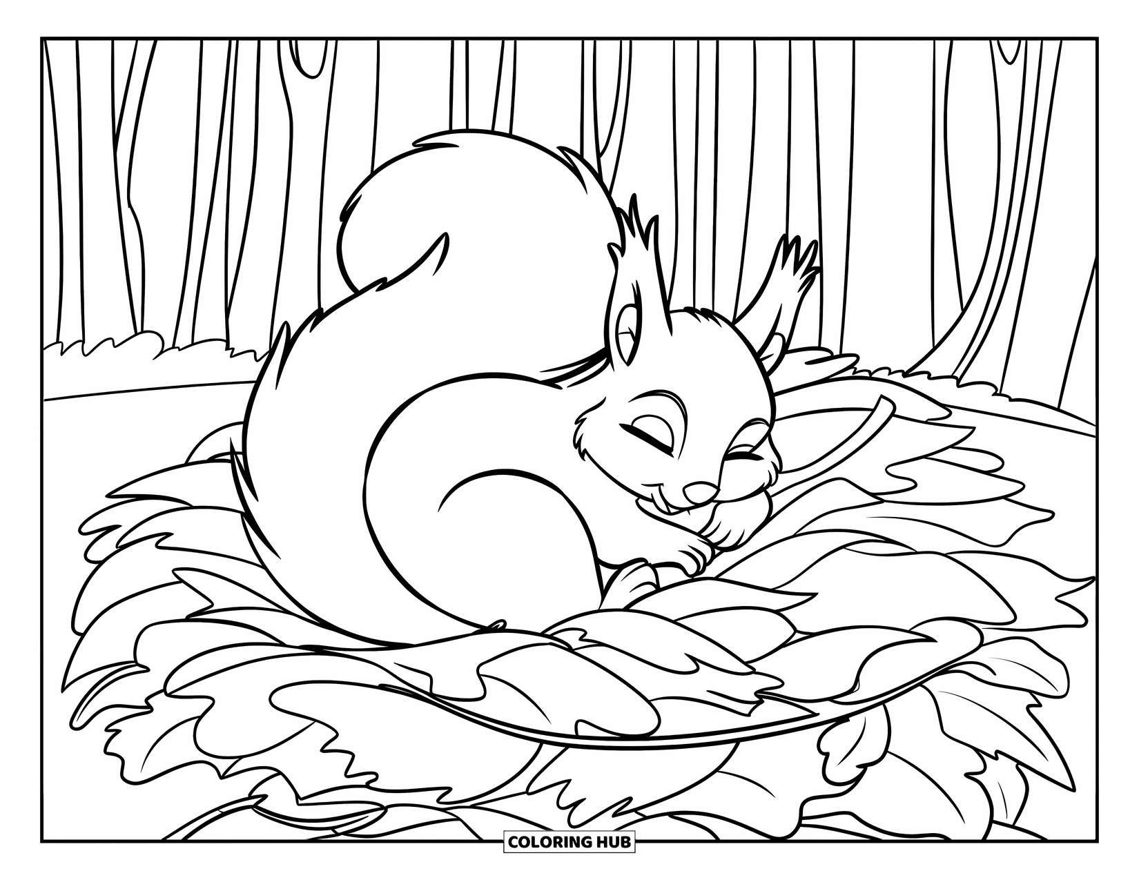 Squirrel Coloring Page for Kids: A sleeping squirrel snuggles into a leafy bed beneath the trees