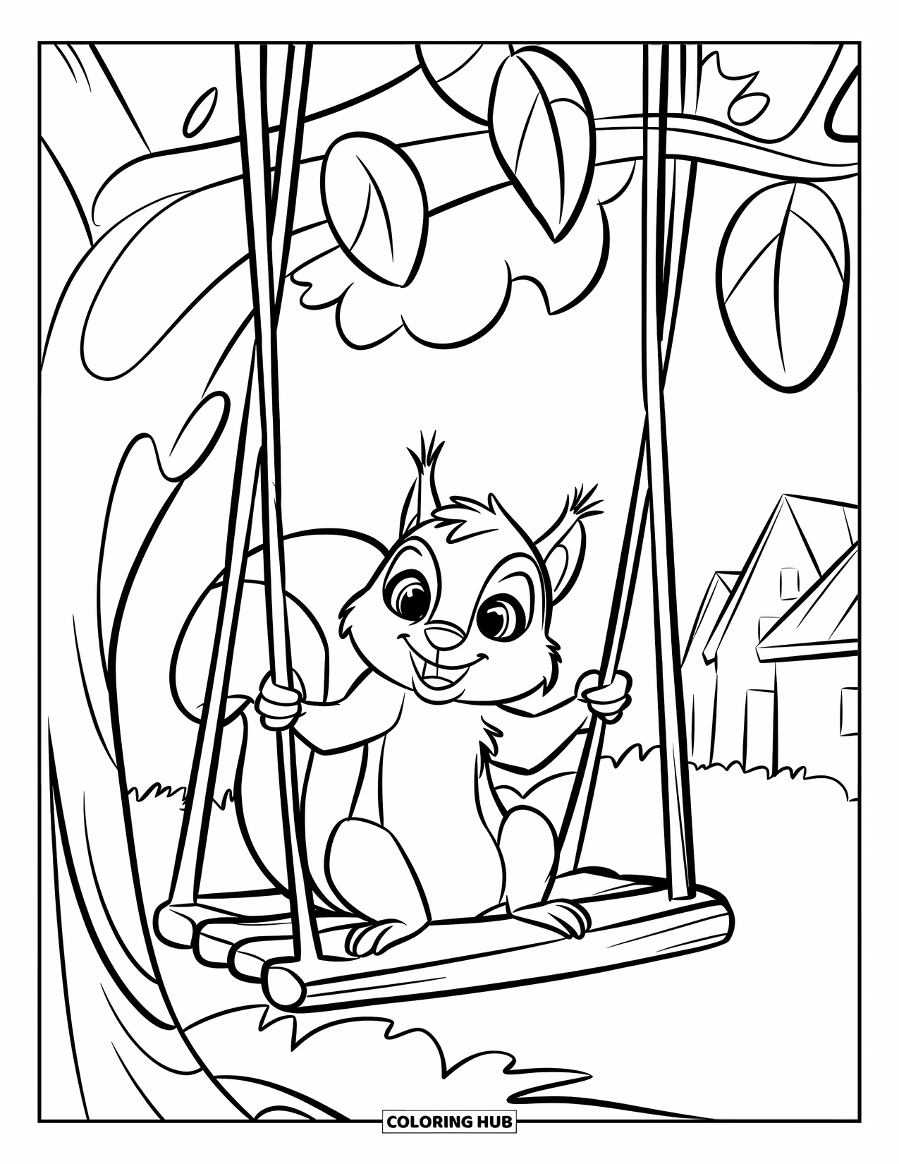 Squirrel Coloring Page for Kids: A smiling squirrel with big eyes sits happily on a leafy tree swing