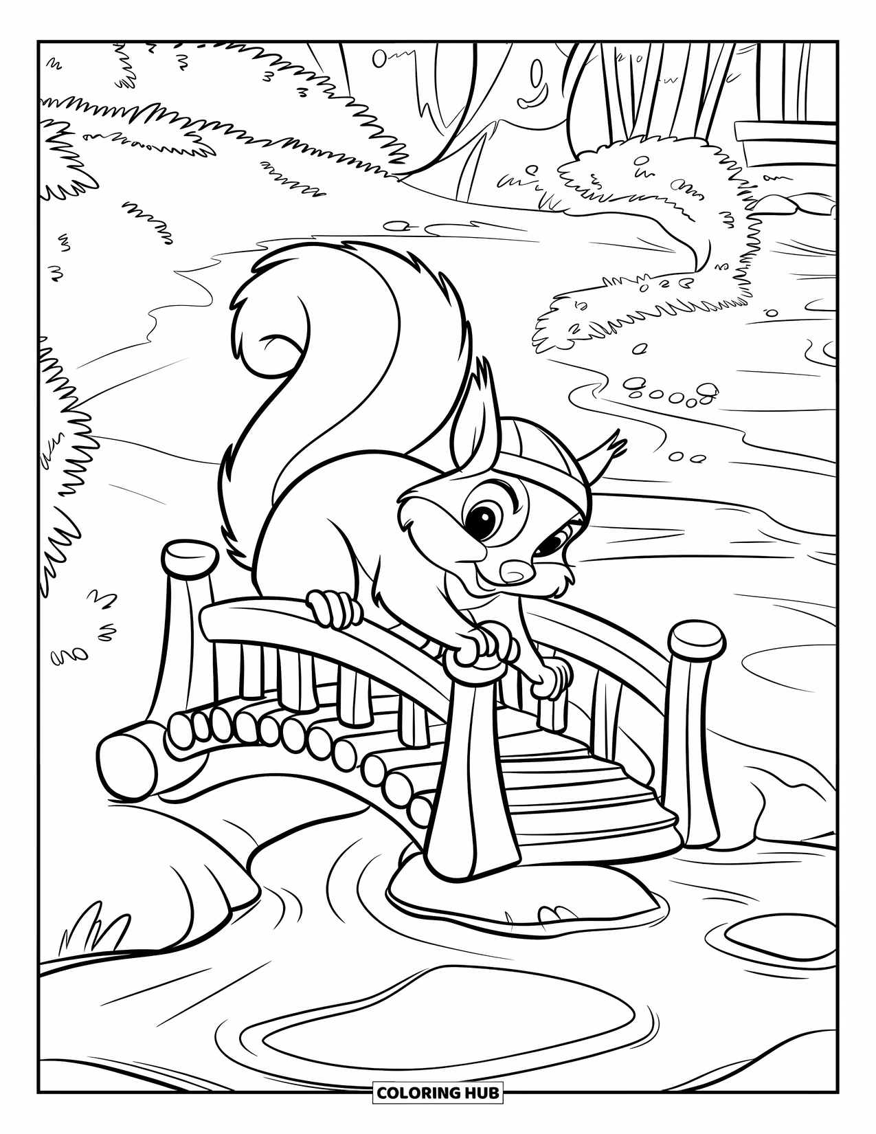 Squirrel Coloring Page for Kids: A squirrel in a hat clings to a bridge railing over a leafy forest stream