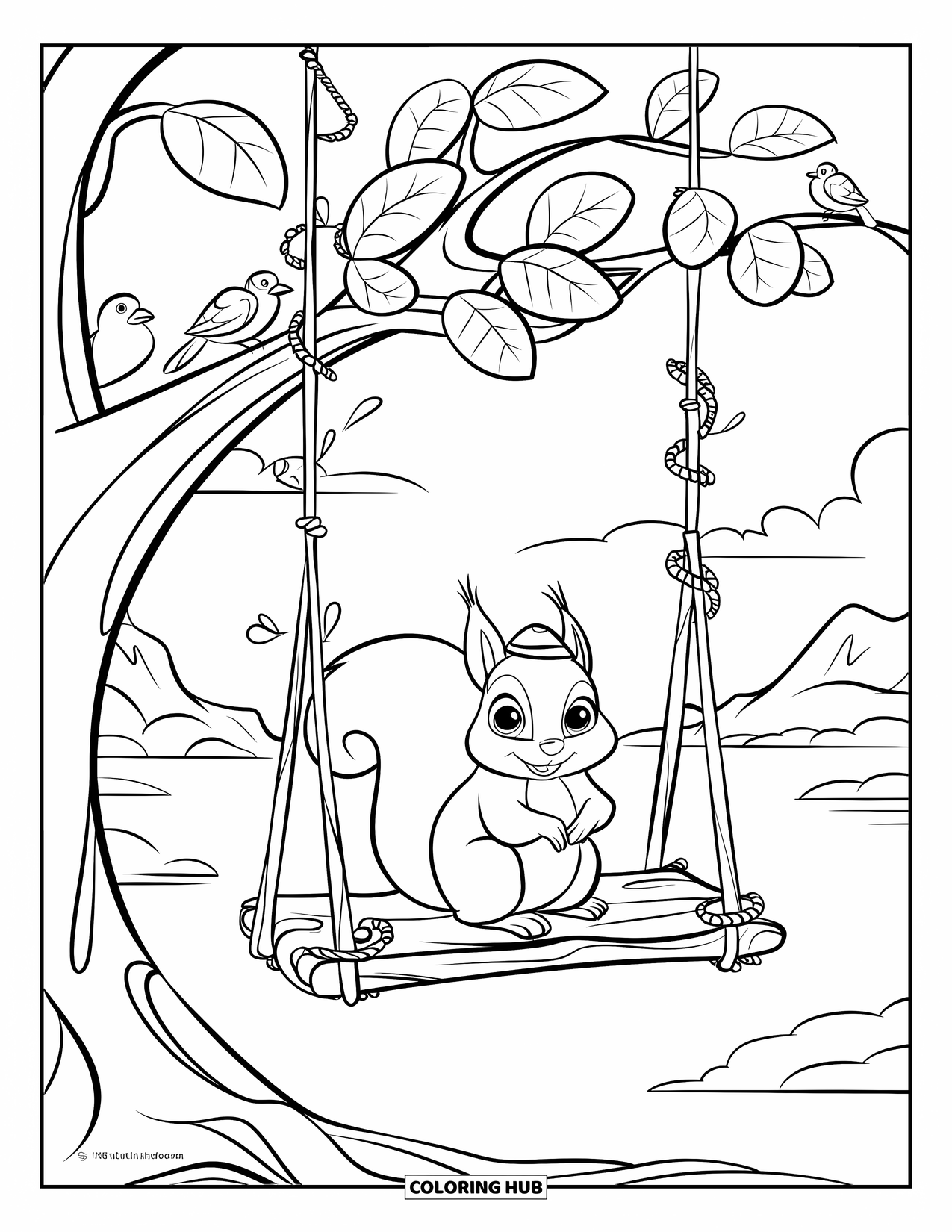 Squirrel Coloring Page for Kids: A squirrel in a hat swings from a vine swing surrounded by peaceful nature
