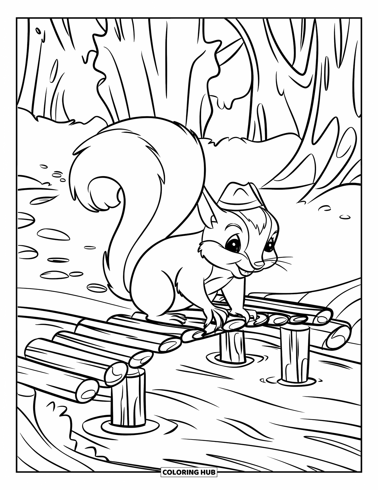 Squirrel Coloring Page for Kids: A squirrel in a hat walks across a log bridge near tall trees