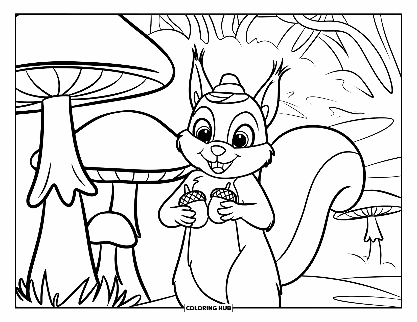 Squirrel Coloring Page for Kids: A squirrel in a tiny hat stands by a giant mushroom holding two acorns