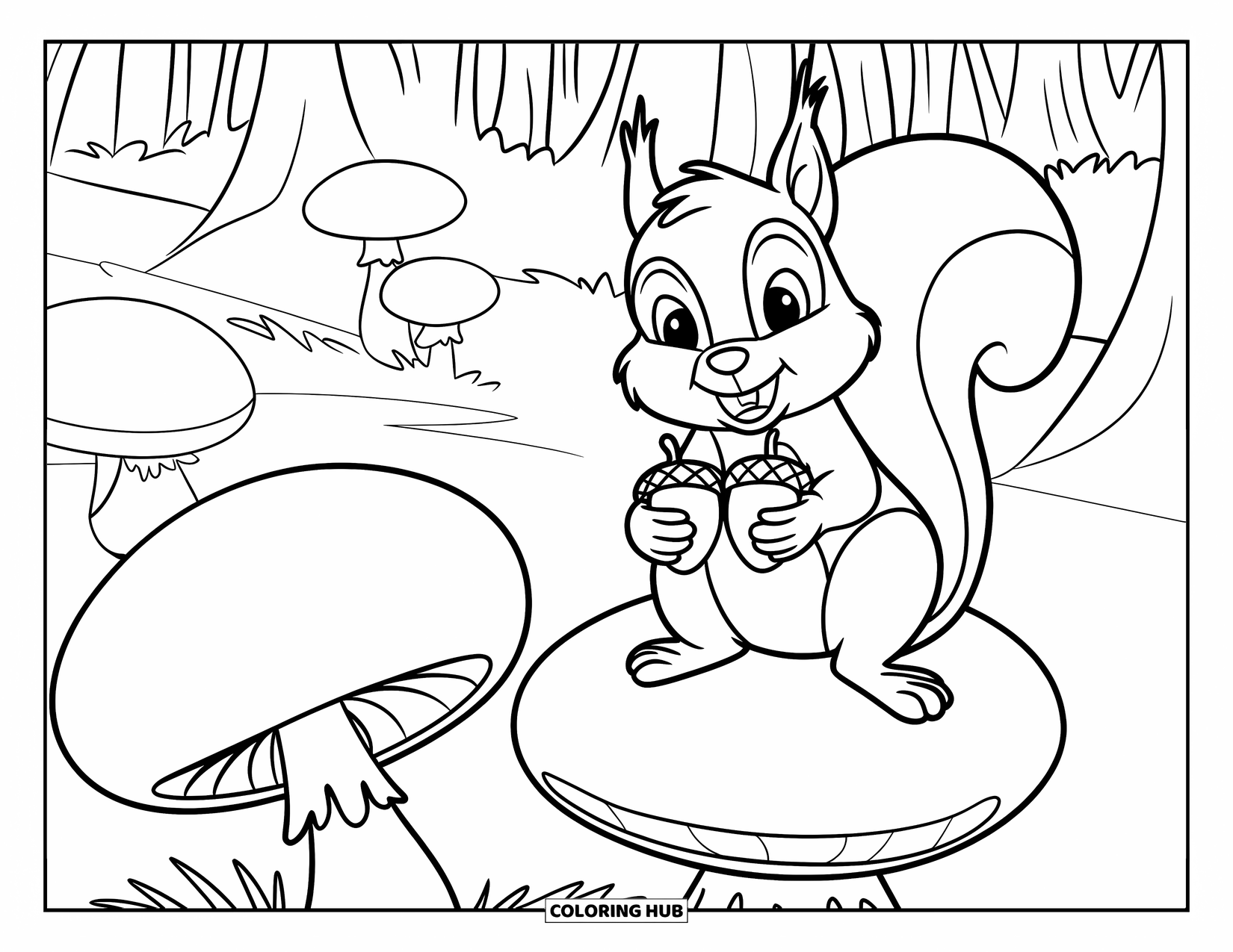 Squirrel Coloring Page for Kids: A squirrel sits on a giant mushroom with two acorns in its paws