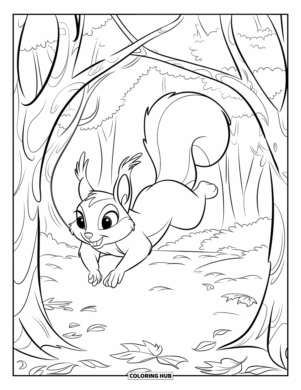 Squirrel Coloring Page for Kids: A squirrel springs through an arch of branches as autumn leaves scatter below