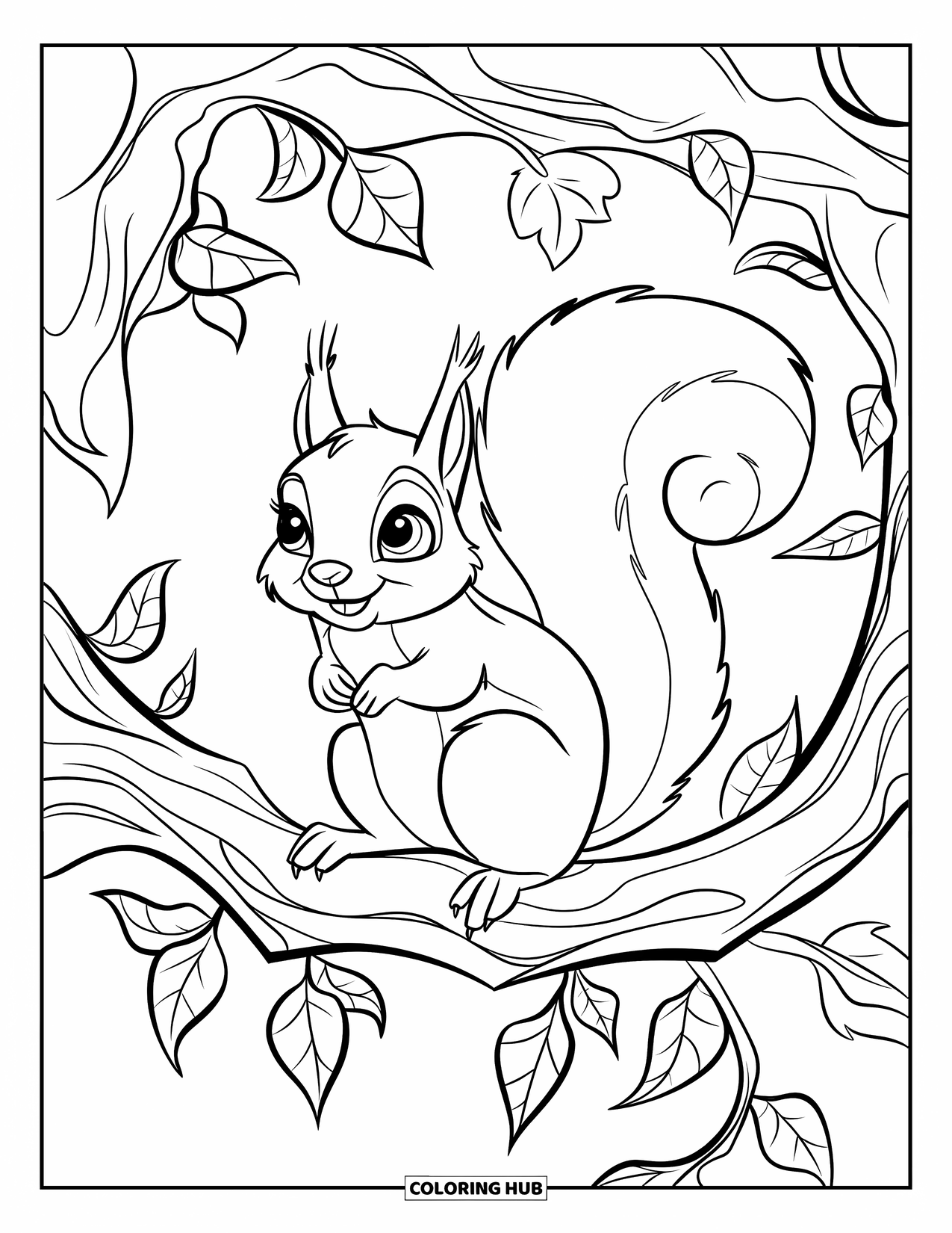 Squirrel Coloring Page for Kids: A squirrel with big eyes perches on a leafy ivy branch in peaceful silence